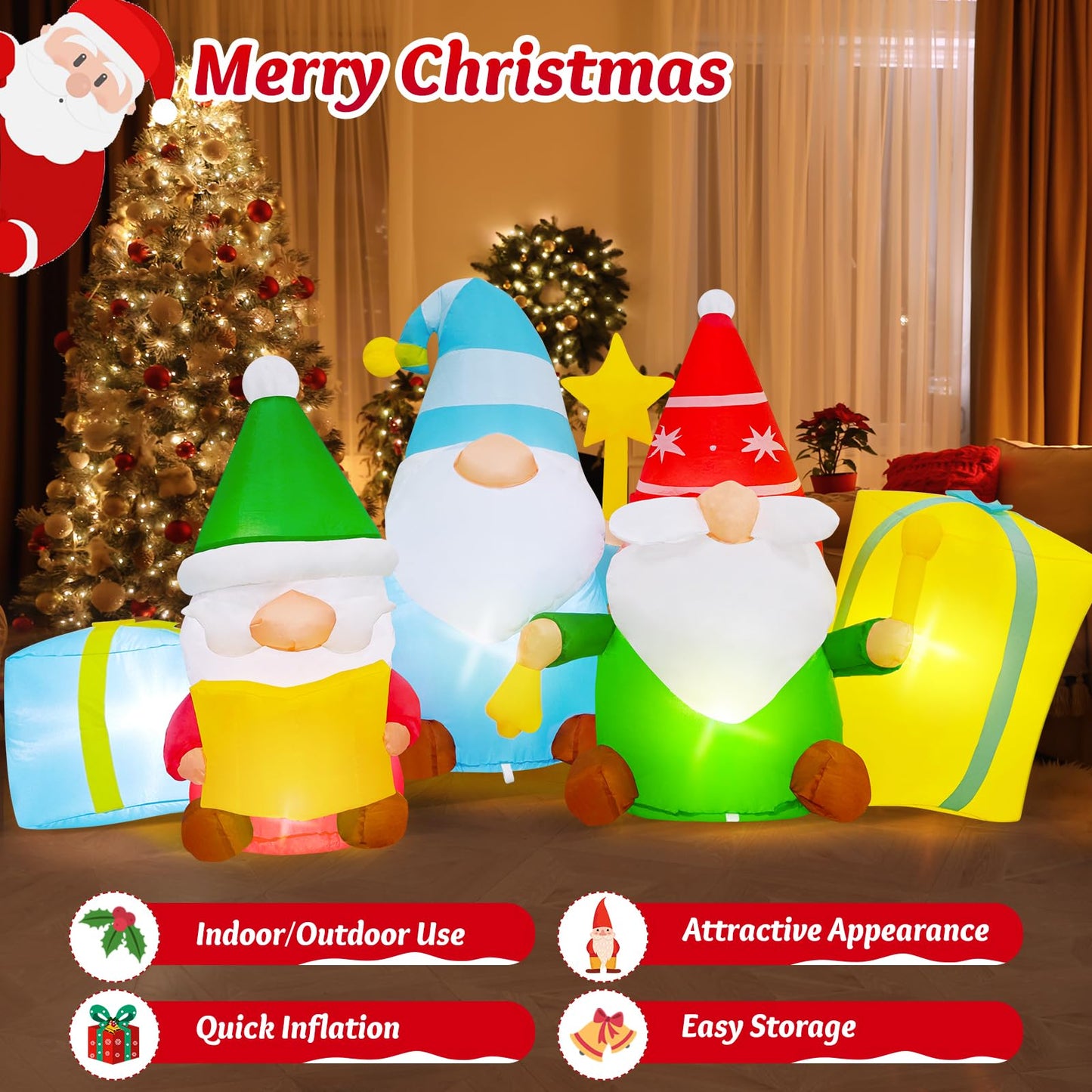 6 FT Long Christmas Inflatables 3 Gnomes Reading The Bible and Ringing The Bell Outdoor Decorations, Build in LEDs Inflatable Christmas Gnome Blow Up Yard Décor Holiday Xmas Indoor Patio Lawn