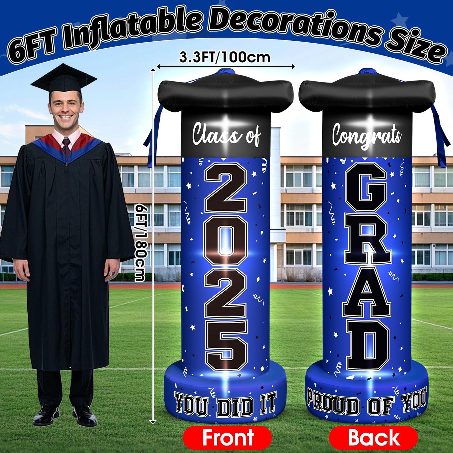6 FT Giant Graduation Inflatable Decorations, 2025 Graduation Campus Party Blow-Up Deco with 3LED light1Blower for University Graduation Ceremony Students and Teachers Take Photos Deco (Blue)