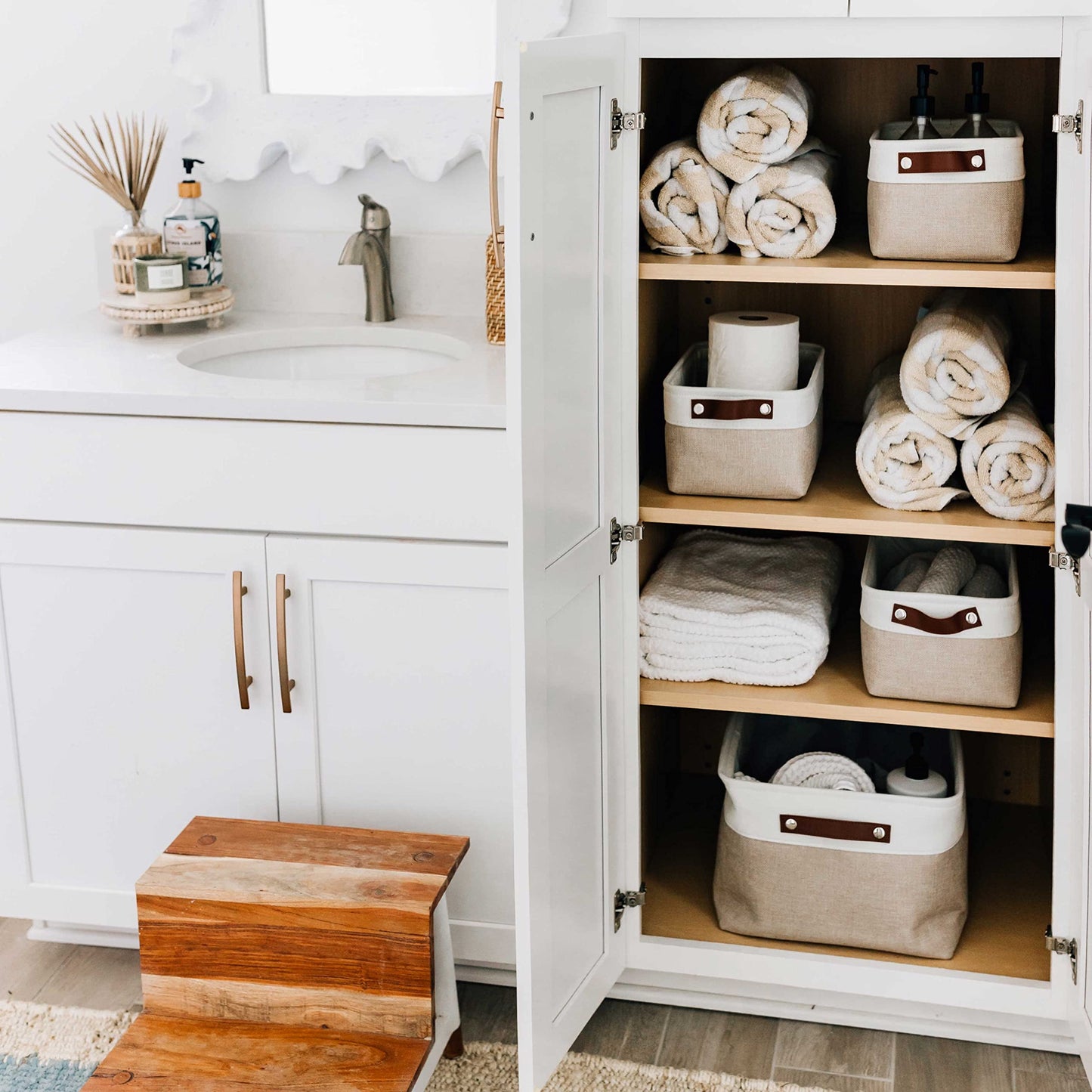 Small Fabric Storage Baskets for Shelves 3 Pack, 12x8in Closet Storage Bins for Shelves, Cloth Baskets for Organizing, Linen Closet Organizers, Fabric Basket, Beige/White