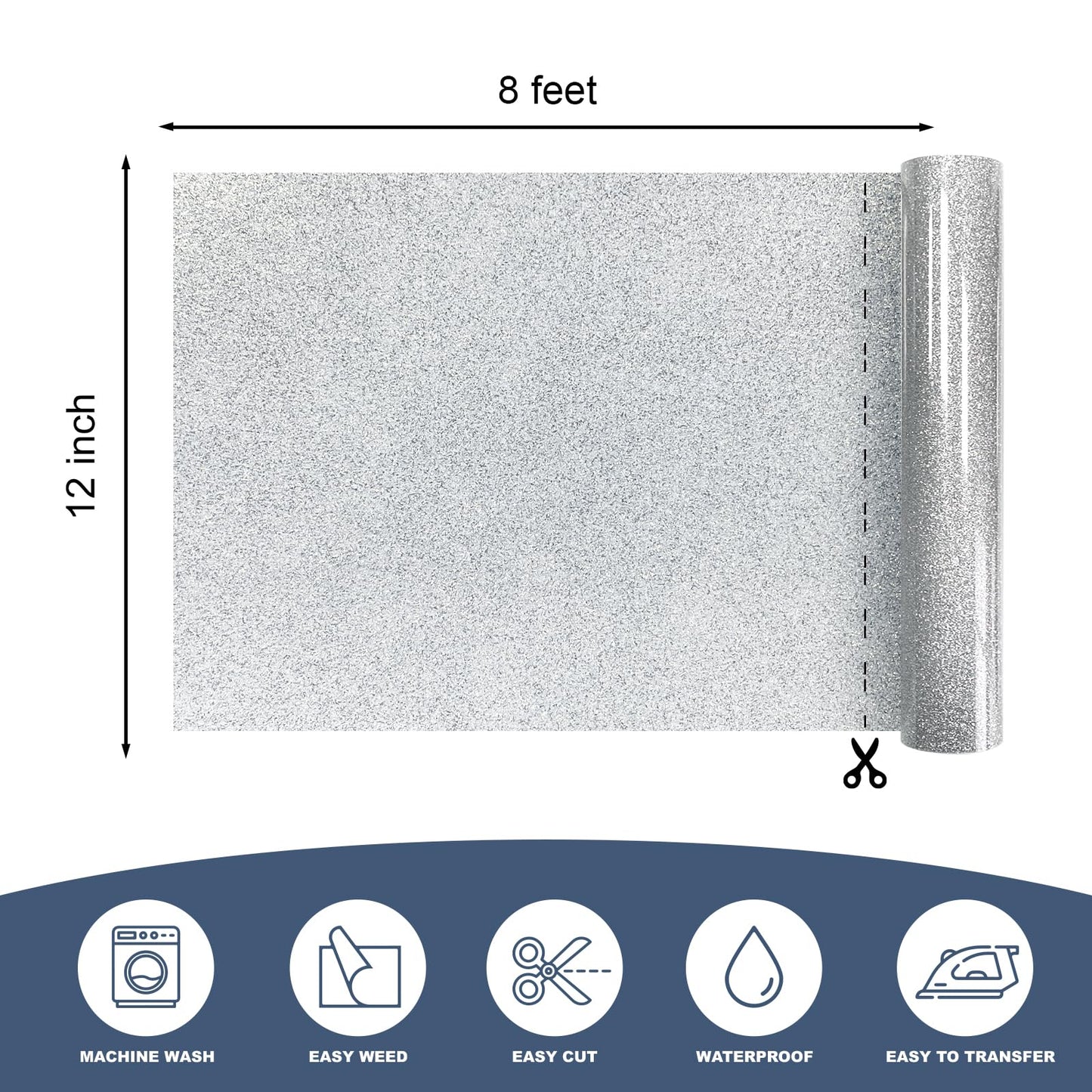 Silver Glitter Heat Transfer Vinyl 12" x 8 ft HTV for Shirts, Glitter HTV for All Cutter Machine - Easy to Cut & Weed for Heat Vinyl Design (Silver)