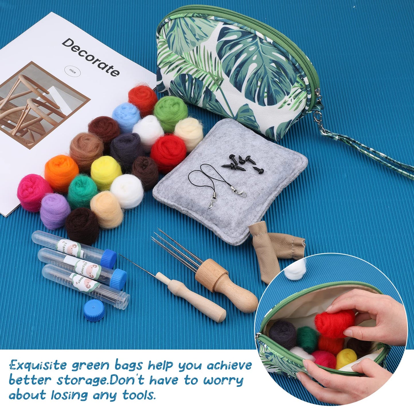 Needle Felting Kit, Needle Felting Starter Kit with Exquisite Green Storage Bag, Wool Roving 18 Colors Set, Needle Wool Felting Tools Kit, Wool Felt Tools for Felted Animal Needle Felting Supplies