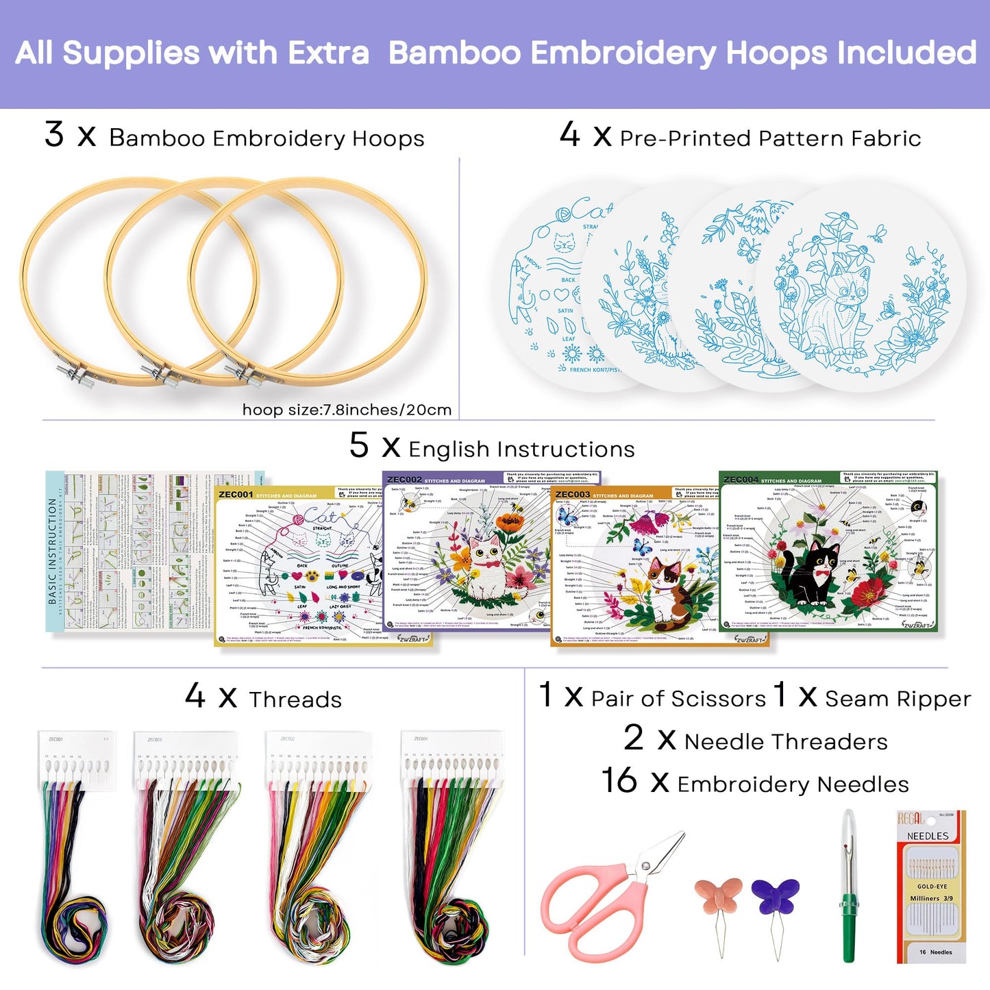 Embroidery Kit for Beginners, 4 Sets Cat Embroidery Kits, Needle Point Kits Adults Beginner, with Original Patterns, Detailed and Easy to Follow Step-by-Step Instructions
