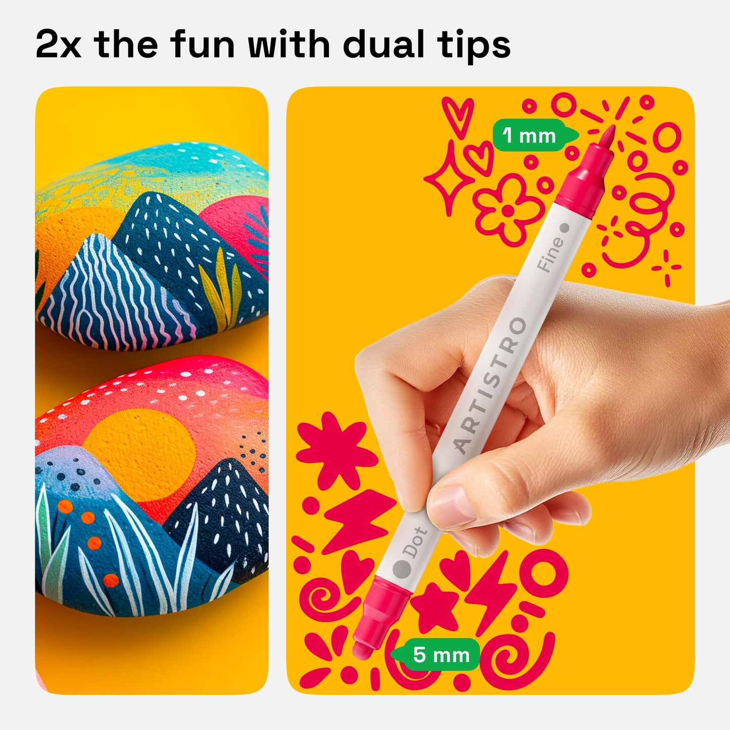 24 Dual Tip Acrylic Paint Markers, Acrylic Paint Pens, Fabric Markers for Textile, Rock, Glass, Wood, Paper, Ceramic, Canvas DIY Art Supplies Kit for Kids and Adults (Dual Tip Dot + Fine, 24)