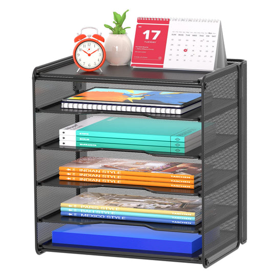 Letter Tray Paper Organizer, Mesh Desk File Organizer with 5 Tier Shelves and Sorter, Black