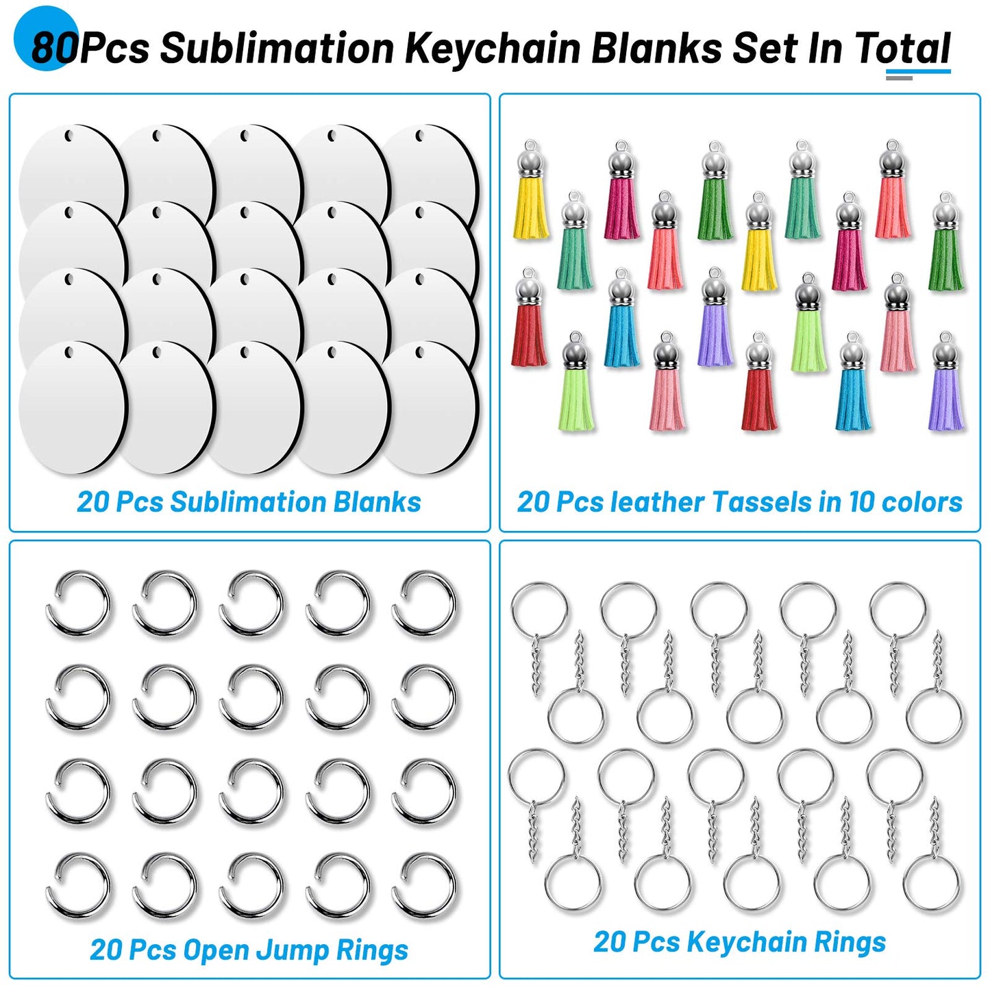 Sublimation Blanks Keychains Products, 80 PCS Keychains Tag Bulk with 2 Inch Heat Transfer Double-Side Round Coasters Blanks, Key Chains, Tassels, Jump Rings for Ornament Making DIY Art Craft Supplies