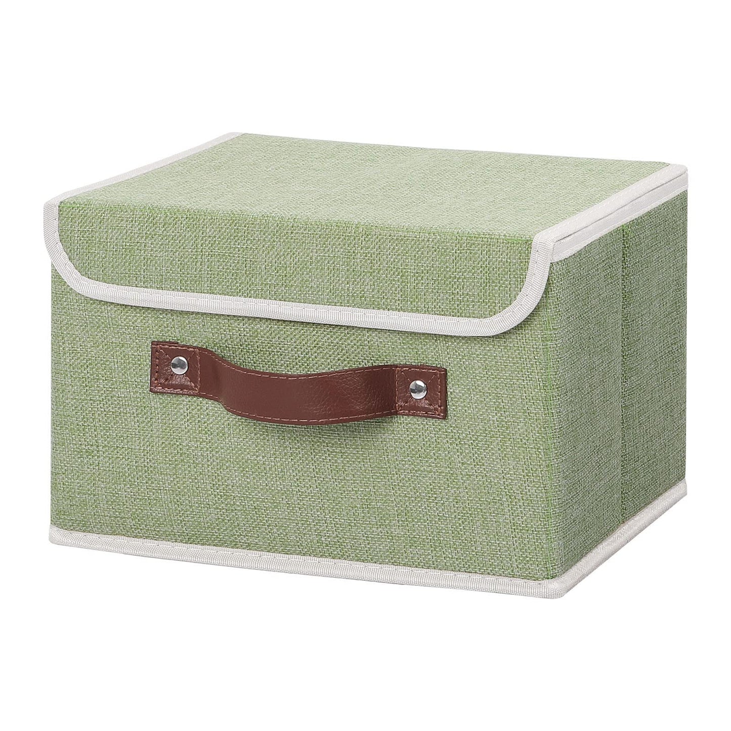 Storage Bin with Lid Storage Boxes with PU Leather Handles PP Plastic Board Decorative Foldable Lidded Cotton Linen Fabric Home Cubes Baskets Closet Organizer Container - Green, Small Size