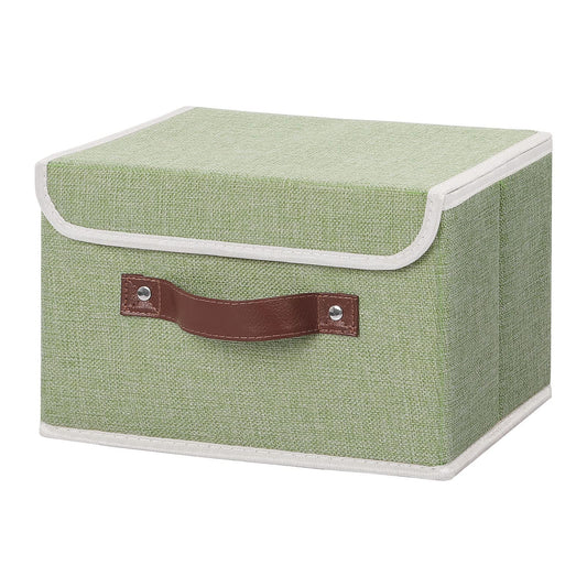 Storage Bin with Lid Storage Boxes with PU Leather Handles PP Plastic Board Decorative Foldable Lidded Cotton Linen Fabric Home Cubes Baskets Closet Organizer Container - Green, Small Size