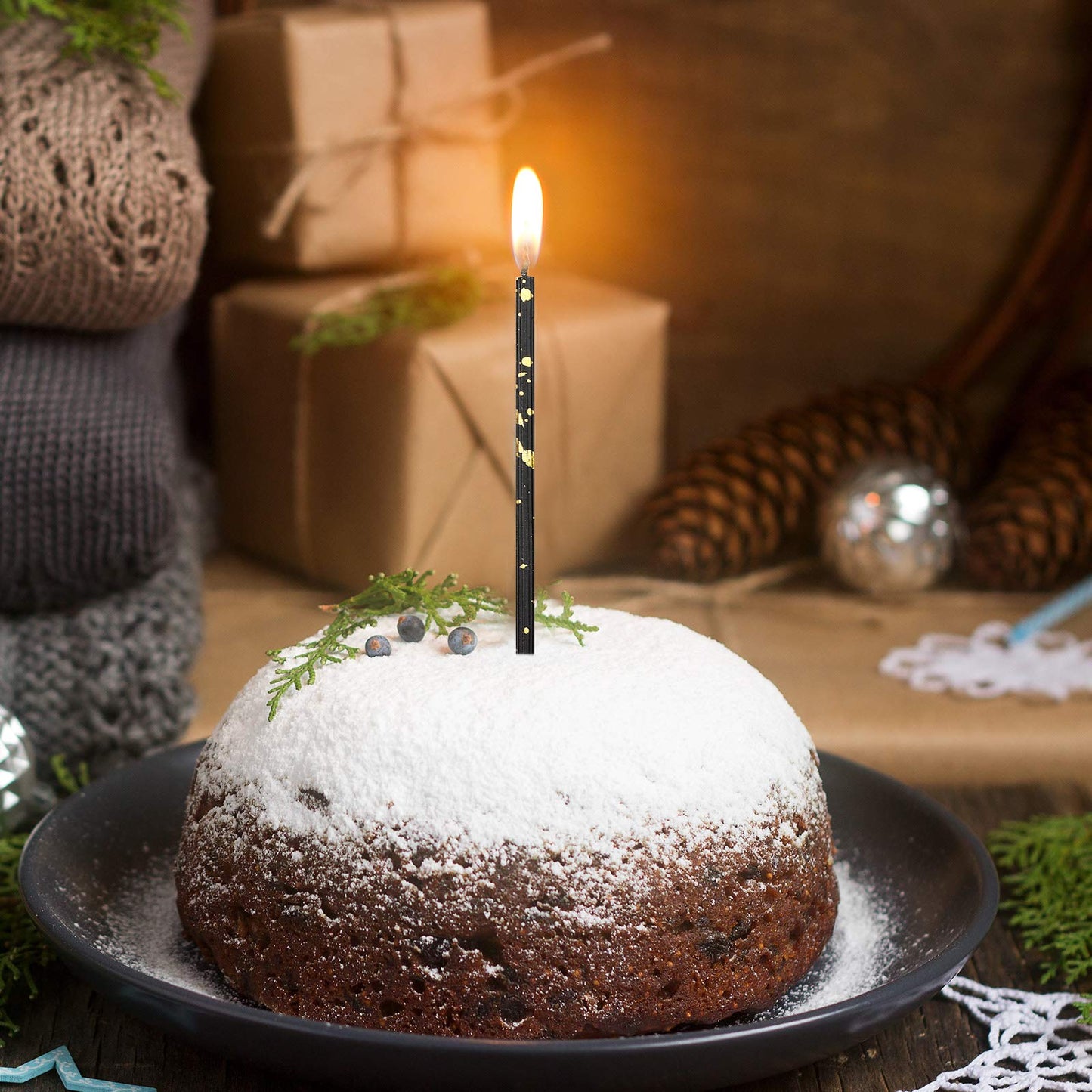 24 Pack Long Thin Birthday Candles for Cakes, Cupcakes, Weddings, Anniversaries, Graduations, Retirement Parties - Decorative Cake Candles for All Celebrations(Black Gold)