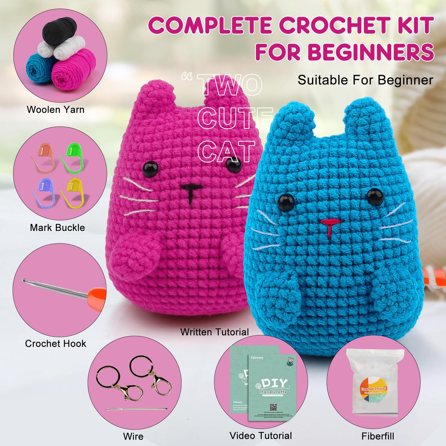Crochet Kit for Beginners Crocheting: Crochet Animal Kits for Kids & Adults - Learn to Knitting Cat Amigurumi Starter Kit with Detailed Tutorial Video and Instructions (40%+ Yarn Extra)