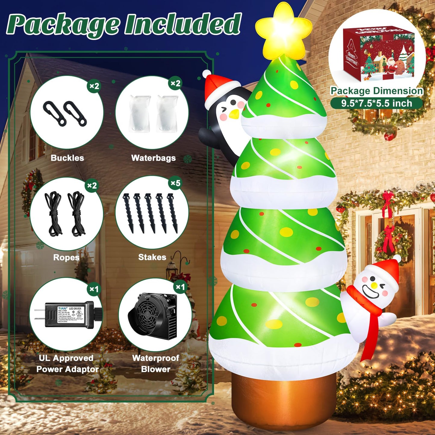 6 FT Inflatable Christmas Tree with Penguin & Snowman Outdoor Decorations, Build-in LEDs Christmas Inflatables Tree Blow Up Yard Decoration for Xmas Holiday Outside Garden Lawn Patio Décor