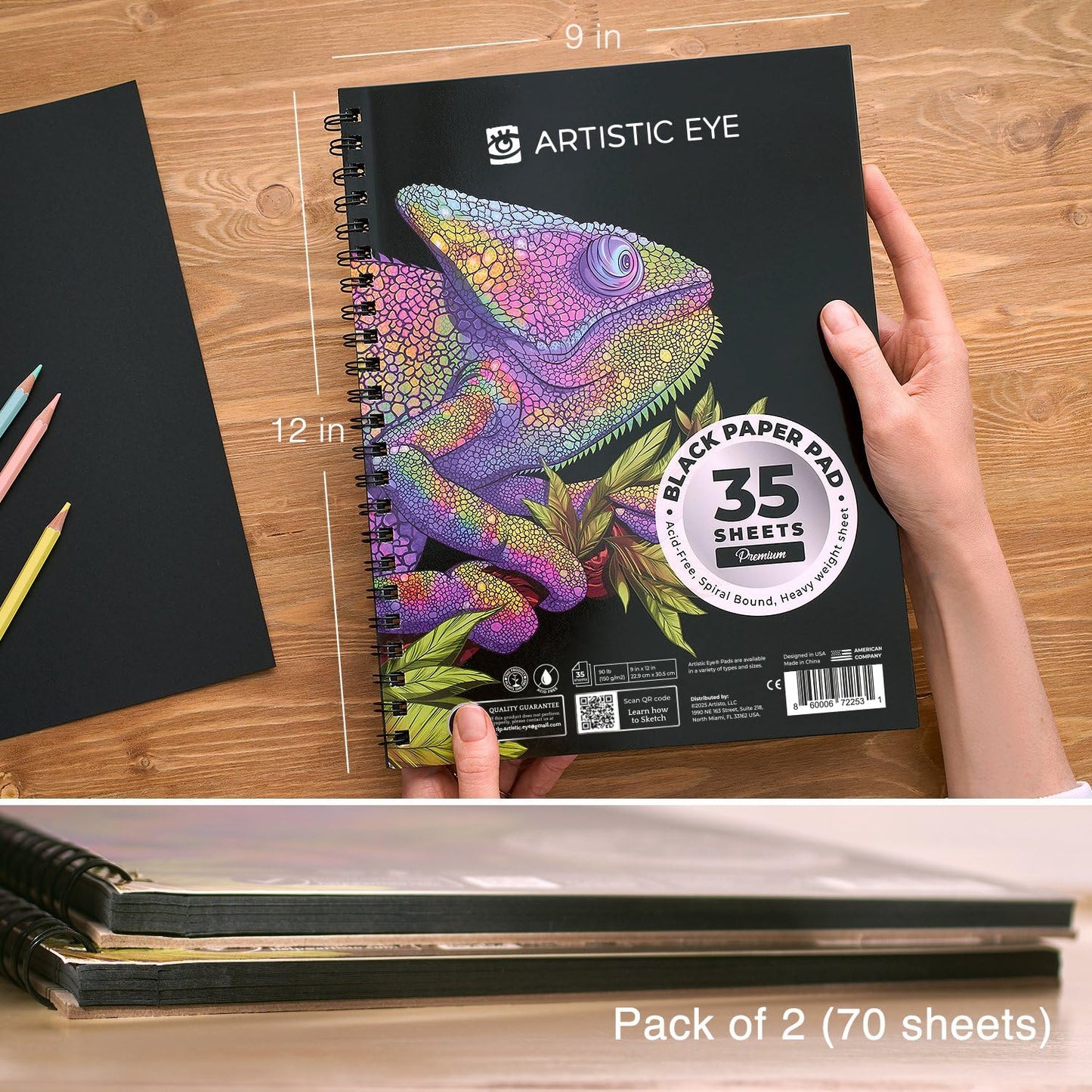9x12 Premium Black Paper Pads, Spiral Bound Sketchbook, Pack of 2, 70 Sheets (150g/m2), Acid-Free Drawing Paper, Ideal for Kids, Teens & Adults