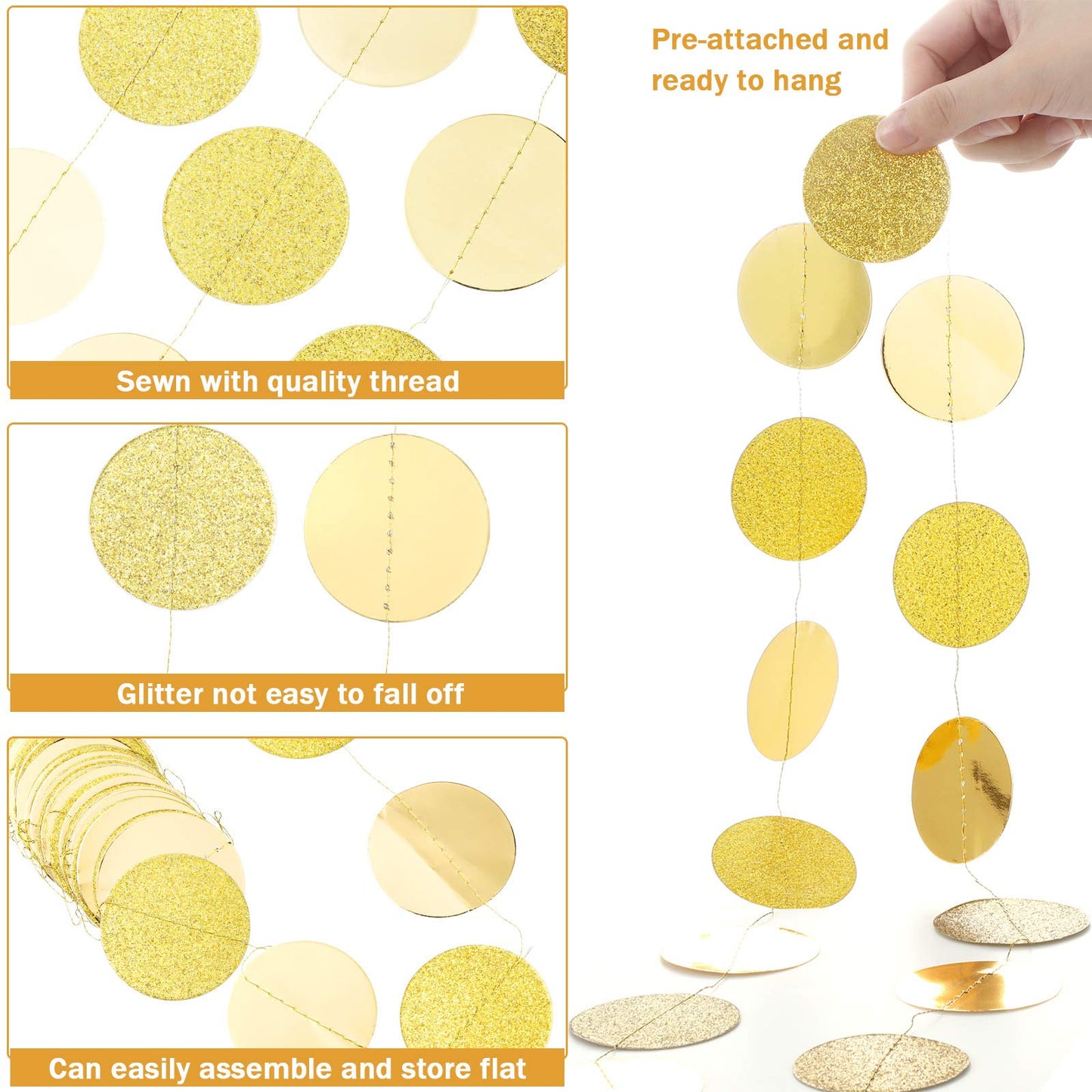 10 Pcs 131 ft Circle Dot Garlands Party Decorations Glitter Hanging Streamers Decor Banner Backdrop for Birthday Wedding Graduation Baby Shower Engagement Party(Gold)