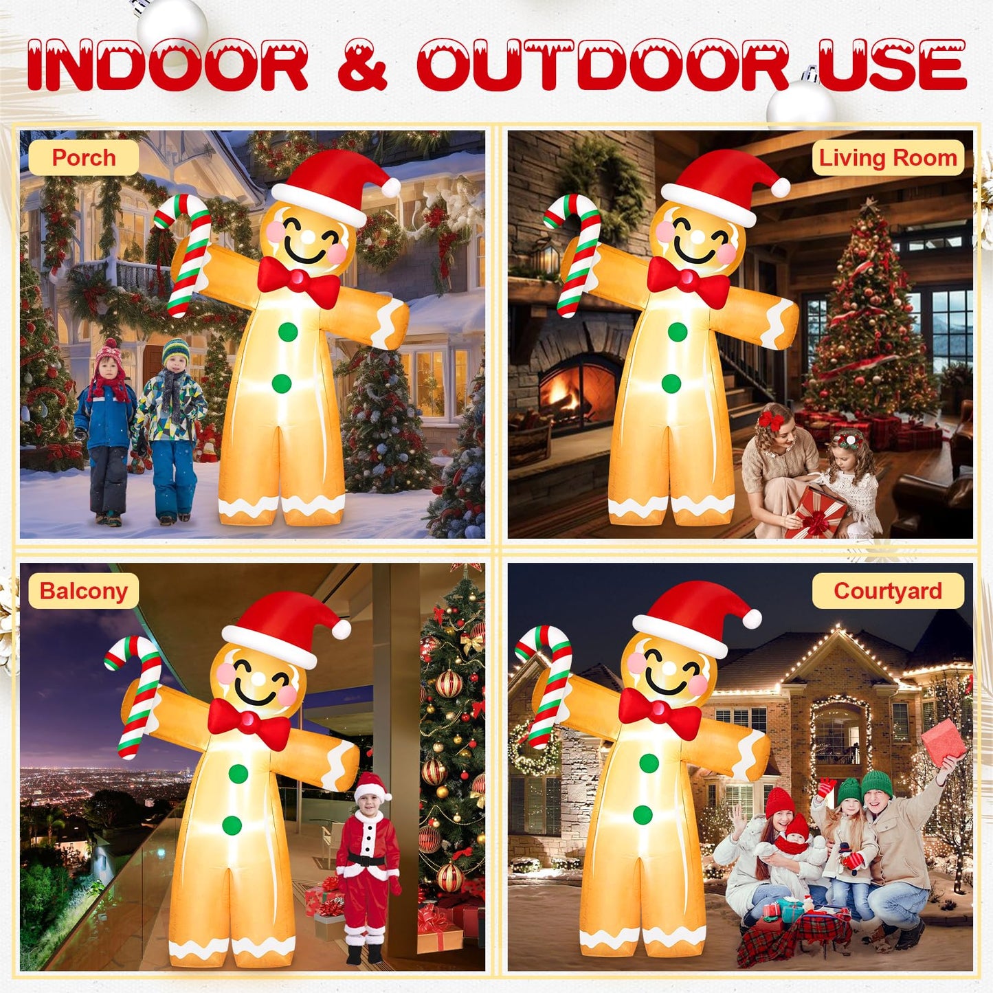 8 FT Gingerbread Man Christmas Inflatable Outdoor Decoration with Candy Cane Built-in LED Lights Inflatable Gingerbread Man Blow Up Yard Decorations for Xmas Party Holiday Indoor Lawn Garden