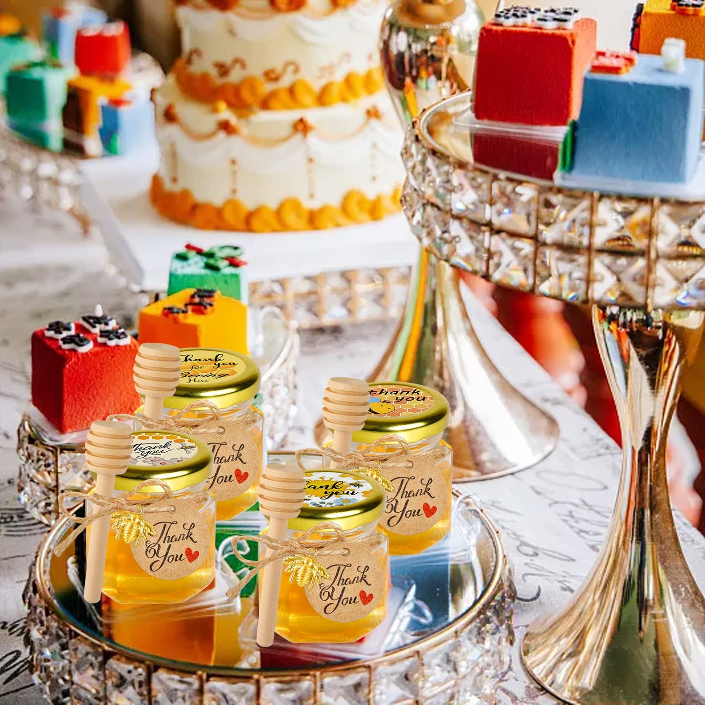 Mini Glass Honey jars-1.5 oz,30 pcs Hexagon Honey Jars with Wooden Dipper,Gold Lid,Bee Pendant,Rope,Mini Honey Jars with Dipper,Perfect for Baby Shower,Wedding Favors,Party Favors