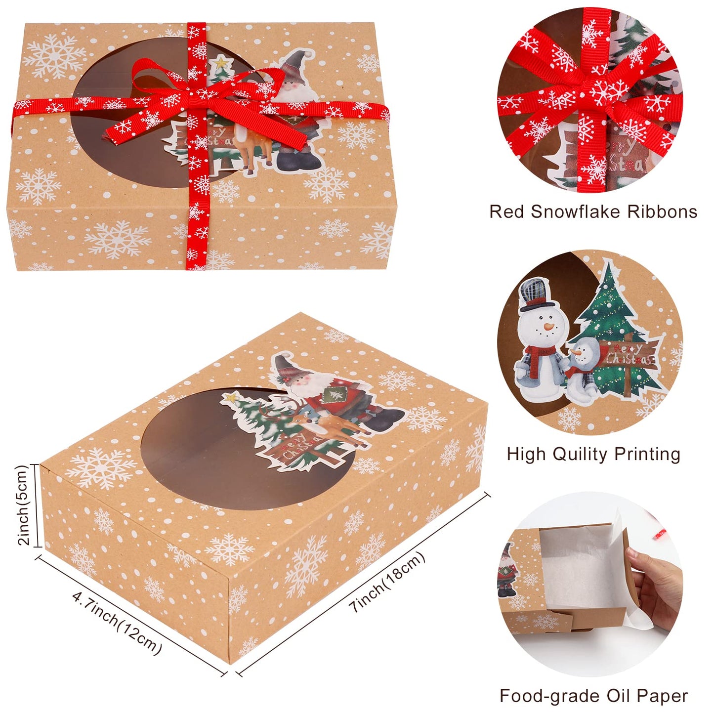 12 Packs Christmas Cookie Boxes with Window, Food Grade Kraft Bakery Boxes with Oilpaper and Ribbons, Cupcake Boxes for Holiday Gift Giving, Christmas Party Favors, Fits 12 Cookies or Cakes