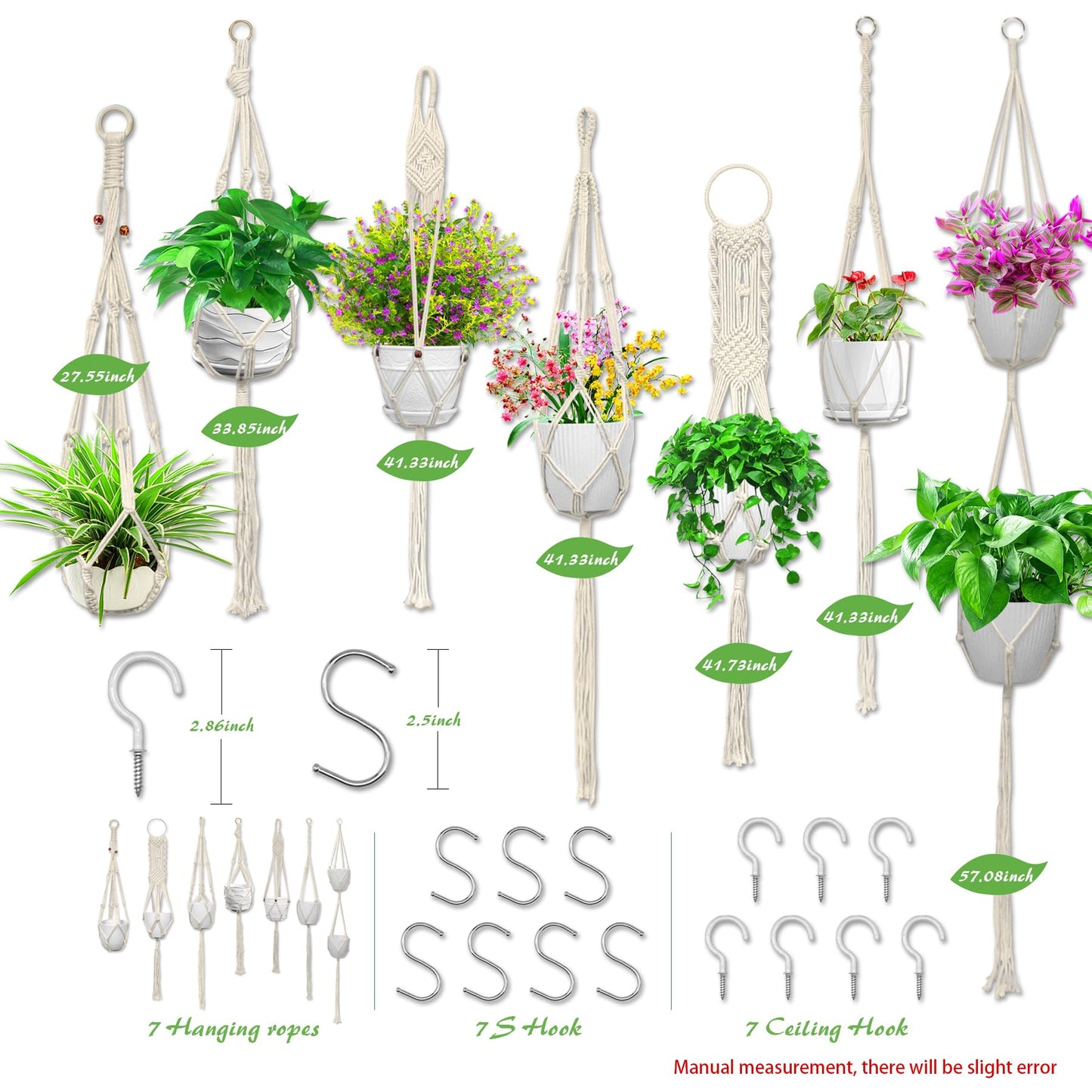 Macrame Plant Hanger,7 Pack Plant Hanger Indoor Hanging Planters with 7Pcs Ceiling and S Hooks-Handmade Macromay Plant Hangers Outdoor Macrame Plant Holder for Boho Home Decor