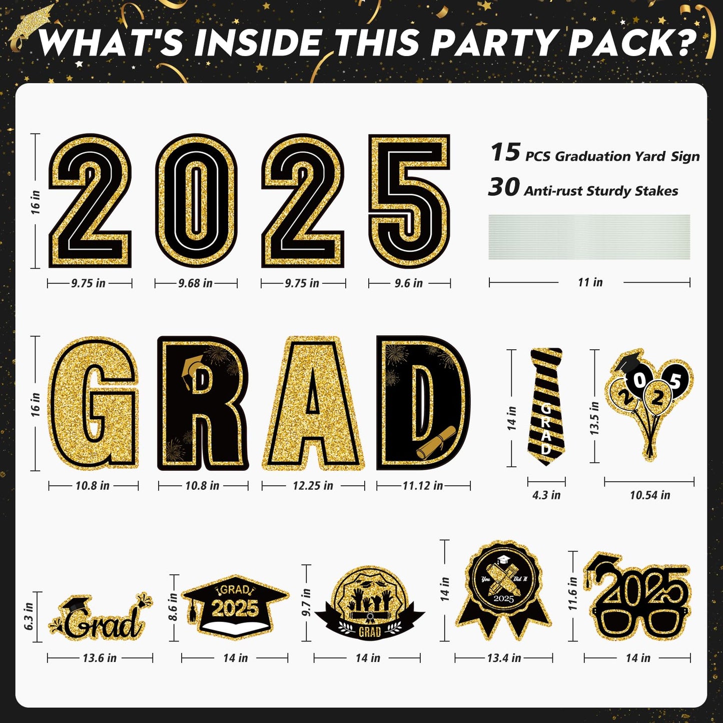 15 Pieces Graduation Decorations 2025 Outdoor Yard Sign, Class of 2025 Congrats Grad Yard Sign with 30 Stakes for Graduation Party Garden Lawn Decoration Supplies(Black Gold)
