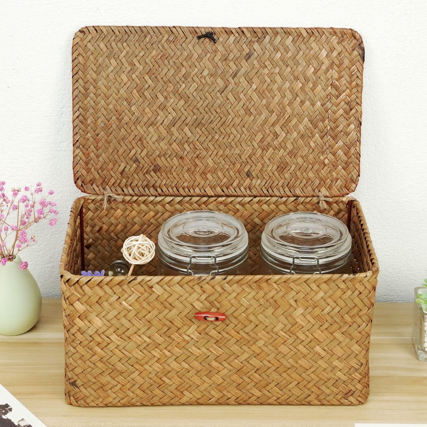 Large Square Sea Grass Baskets for Storage Seaweed Woven Sundries Baskets Sturdy and Durable Natural Material for Make-up with Lid Big Rectangular Seagrass Towel Baskets for Organizing
