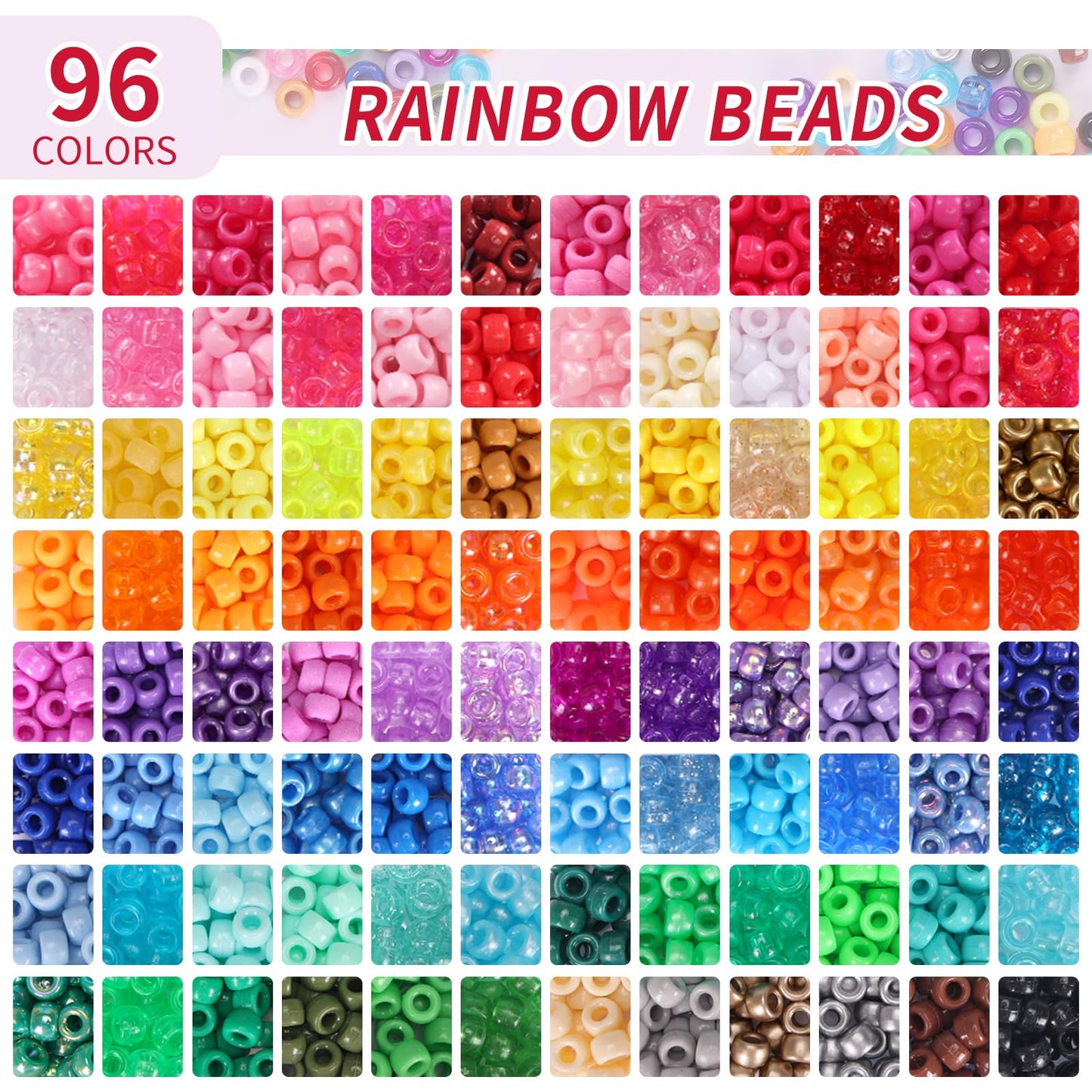 96 Colors 3000pcs Pony Beads Bracelet Making Kit Friendship Bracelet Kit Rainbow Kandi Beads with Letter and Heart Beads Elastic Threads for Jewelry Necklace Making
