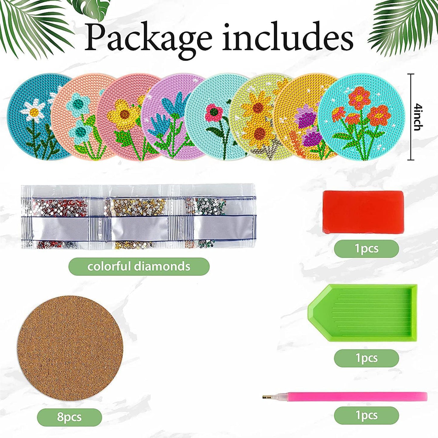 8 Pcs Diamond Art Coasters Kit Not with Holder, Diamond Art Kits for Adults Beginners Small Diamond Painting Coasters, Arts and Crafts for Adults Supplies Item Sets (Flowers)