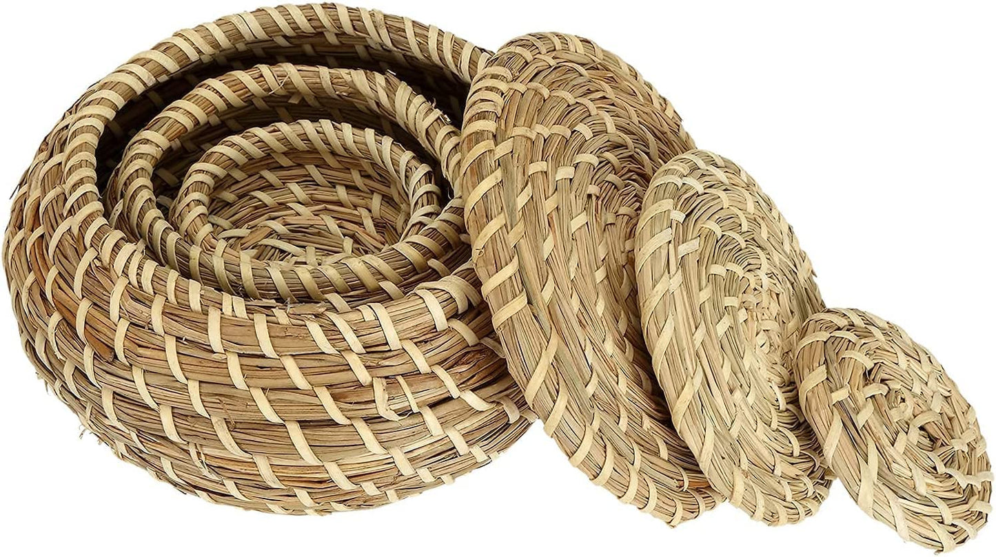 Set of 3 Small Wicker Basket with Lid, Round Woven Seagrass Baskets, Little Handmade Rattan Storage Basket Box for Shelf, Home, Bathroom Decor