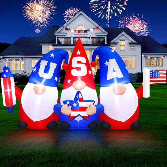 8 FT Long Patriotic 4th of July Inflatables Outdoor Decorations Independence Day 3 Gnomes Holding Flag, Rocket and Star, Built in LED Lights Blow Up Yard Decor for Memorial Day, Lawn, Garden, Party
