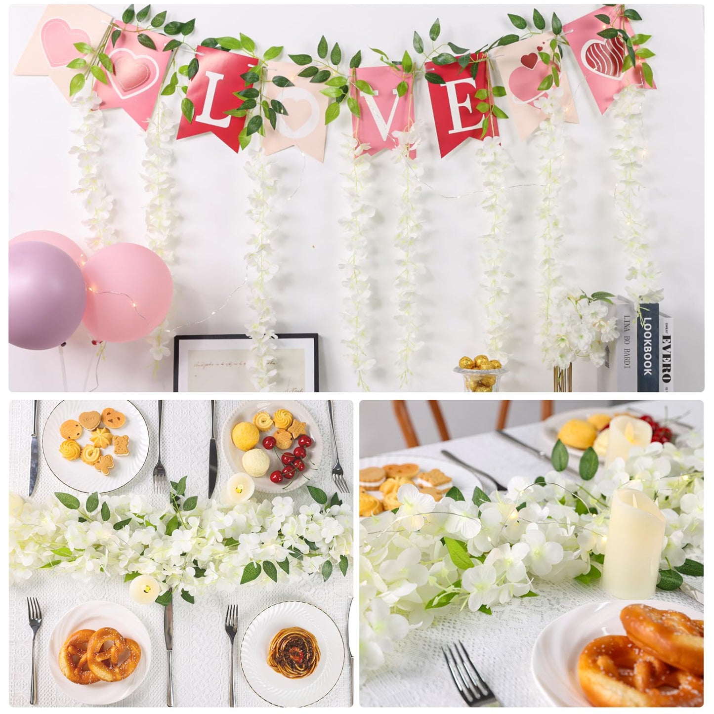 Wisteria Hanging Flowers 24 Pack Fake Flower Garland Artificial Wisteria Vines Rattan Silk Flower String Wedding Party Wall Decorations,White