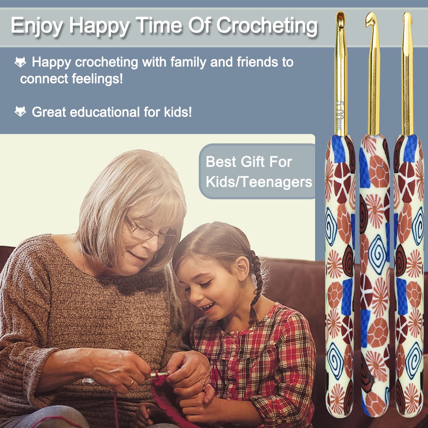 Warm Crochet Hooks Crocheting, Extra Long Crochet Hook Set for Arthritic Hands, 2.25mm to 8.0mm, 12 pcs Crochet Kit Ergonomic Grips for DIY Craft Yarn, Animal Pattern