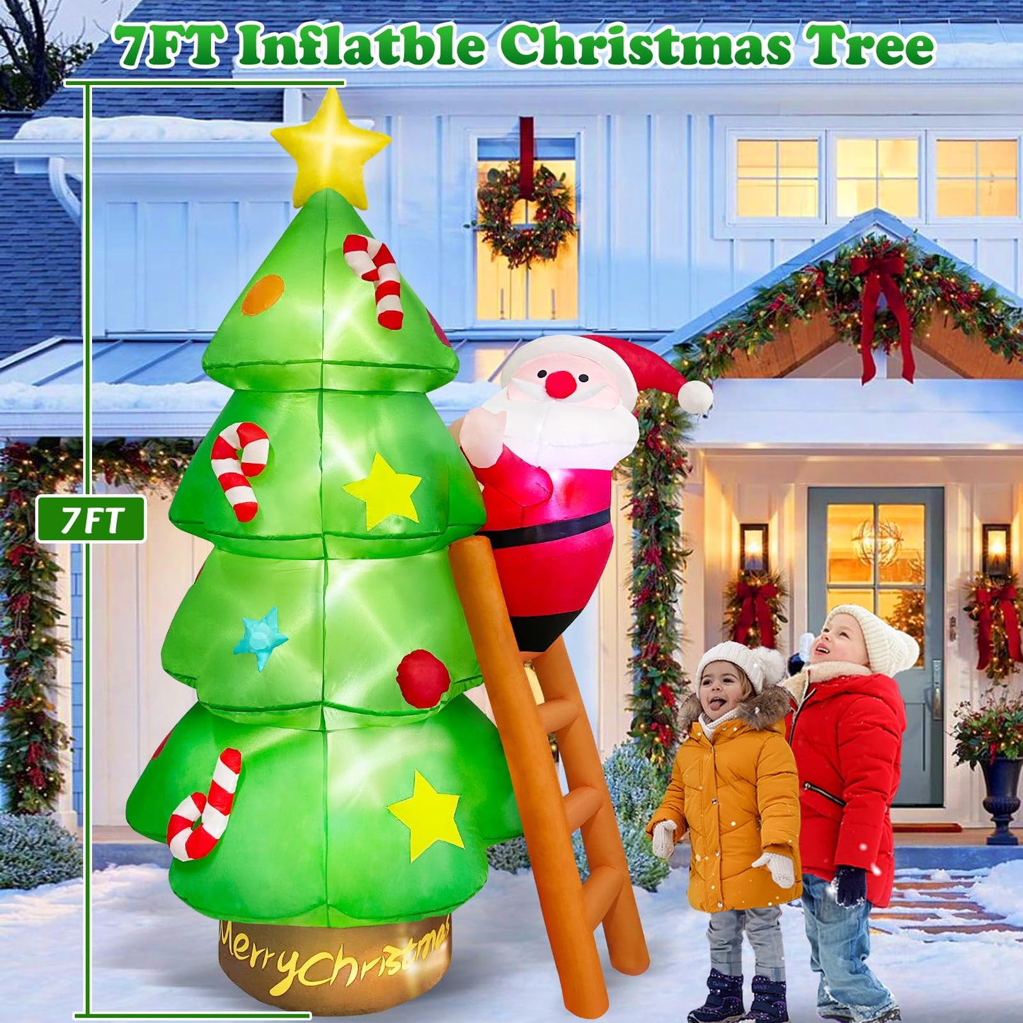 7 FT Christmas Inflatable Tree with Santa Claus Outdoor Decorations, Christmas Inflatables Tree Blow Up Yard Decoration Build-in LEDs Lighted Décor for Xmas Holiday Outside Garden Lawn Patio