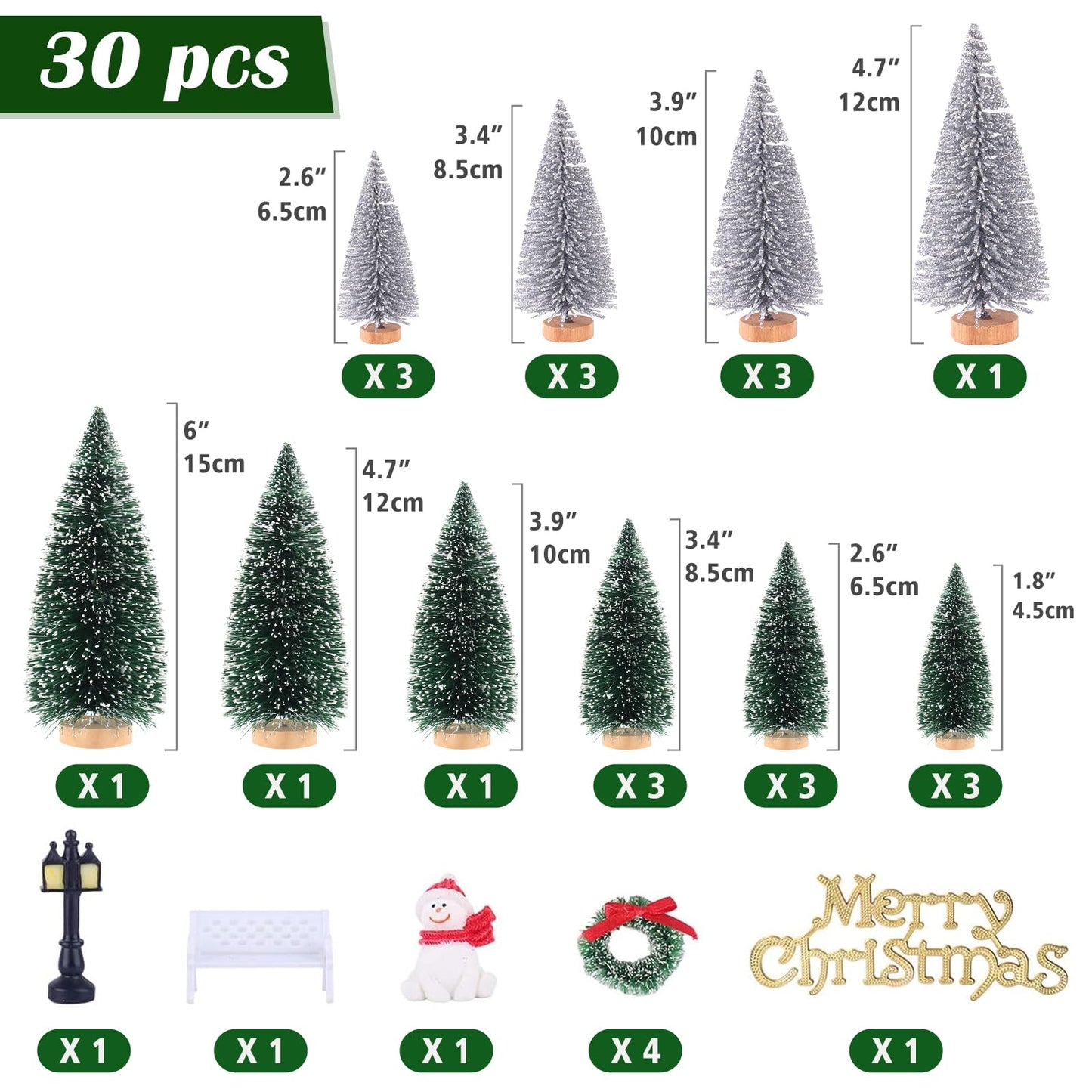 Mini Miniature Christmas Pine Tree Bottle Brush Trees Wooden Bases Tree for Your Village Desktop Xmas Holiday Party (Silver/Green 30pcs)