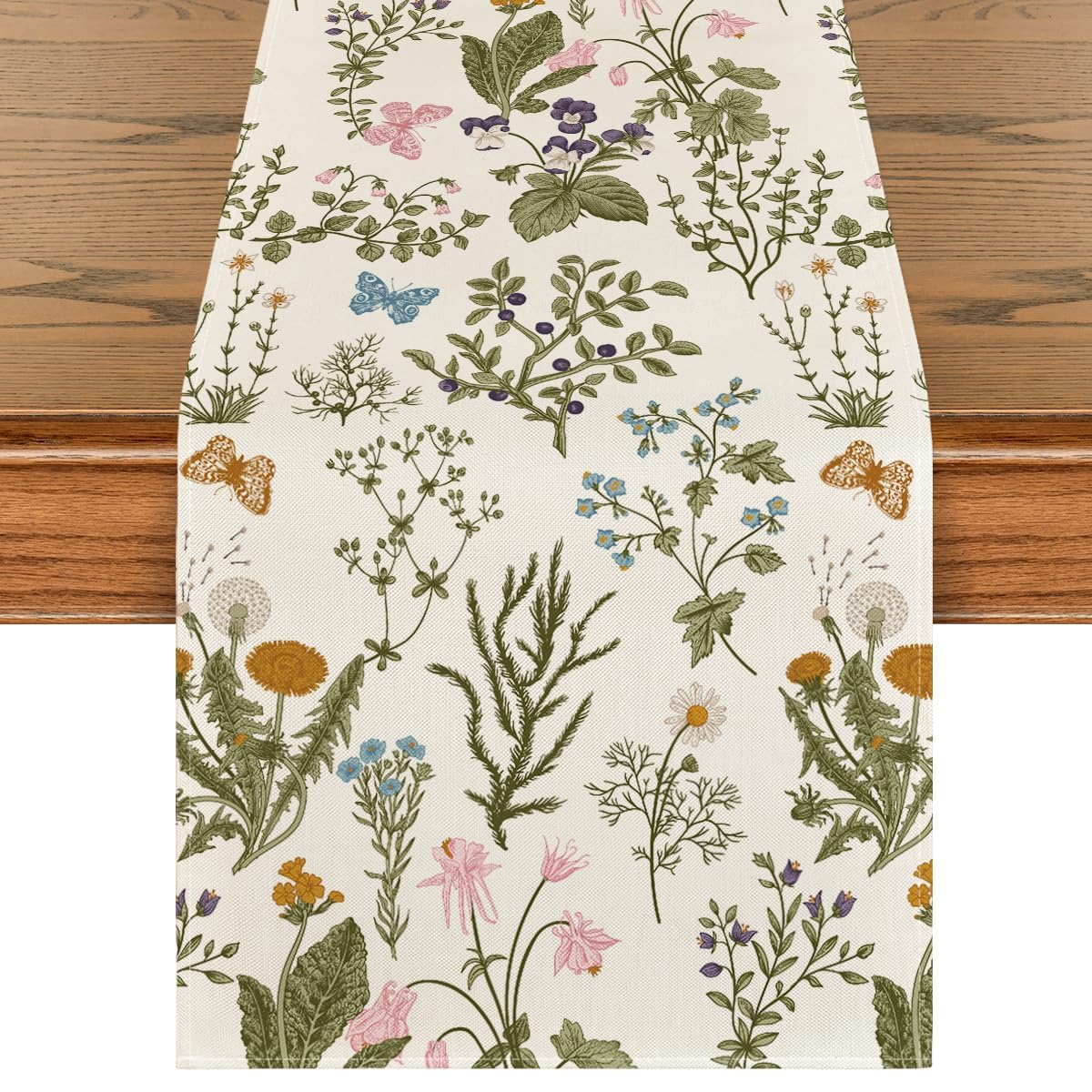 Wildflowers Floral Spring Table Runner, Seasonal Summer Butterfly Kitchen Dining Table Decoration for Home Party 13x72 Inch