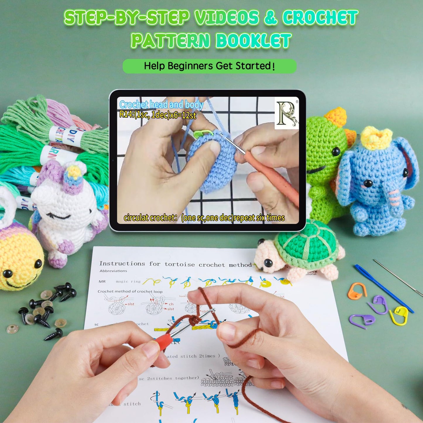 6PCS Crochet Kit for Beginners, Knitting Kit with Step-by-Step Video Tutorials, Beginner Crochet Kit for Adults, Crochet Animal Kit for Beginners Kids, Complete Kit Included 6 Cute Animals
