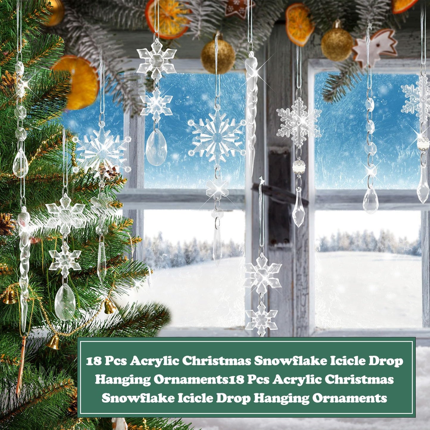 18Pcs Christmas Tree Decoration Crystal Ornaments,Christmas Hanging Snowflakes Decorations Acrylic Icicle Crystal Ornaments for Christmas Tree Winter New Year Party Decor Supplies
