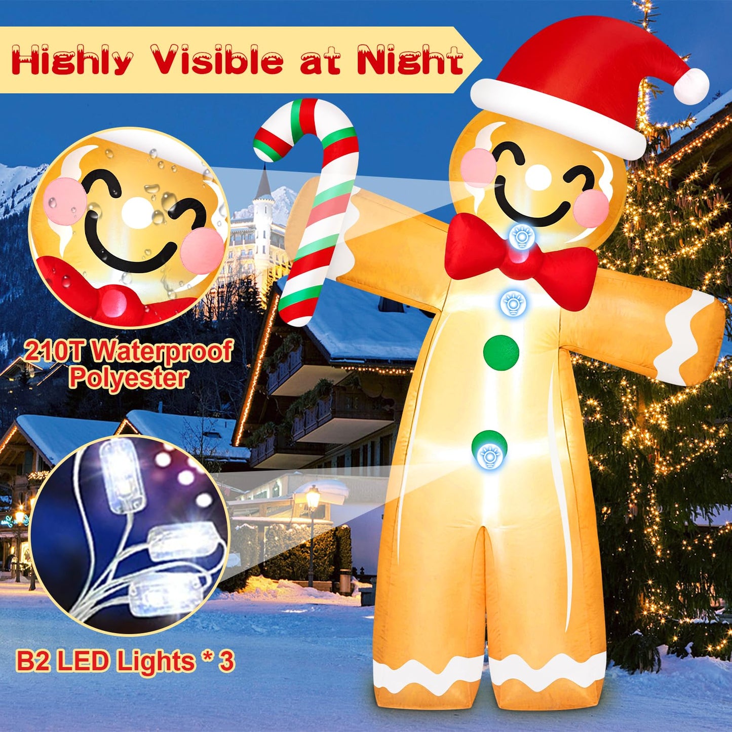 8 FT Gingerbread Man Christmas Inflatable Outdoor Decoration with Candy Cane Built-in LED Lights Inflatable Gingerbread Man Blow Up Yard Decorations for Xmas Party Holiday Indoor Lawn Garden