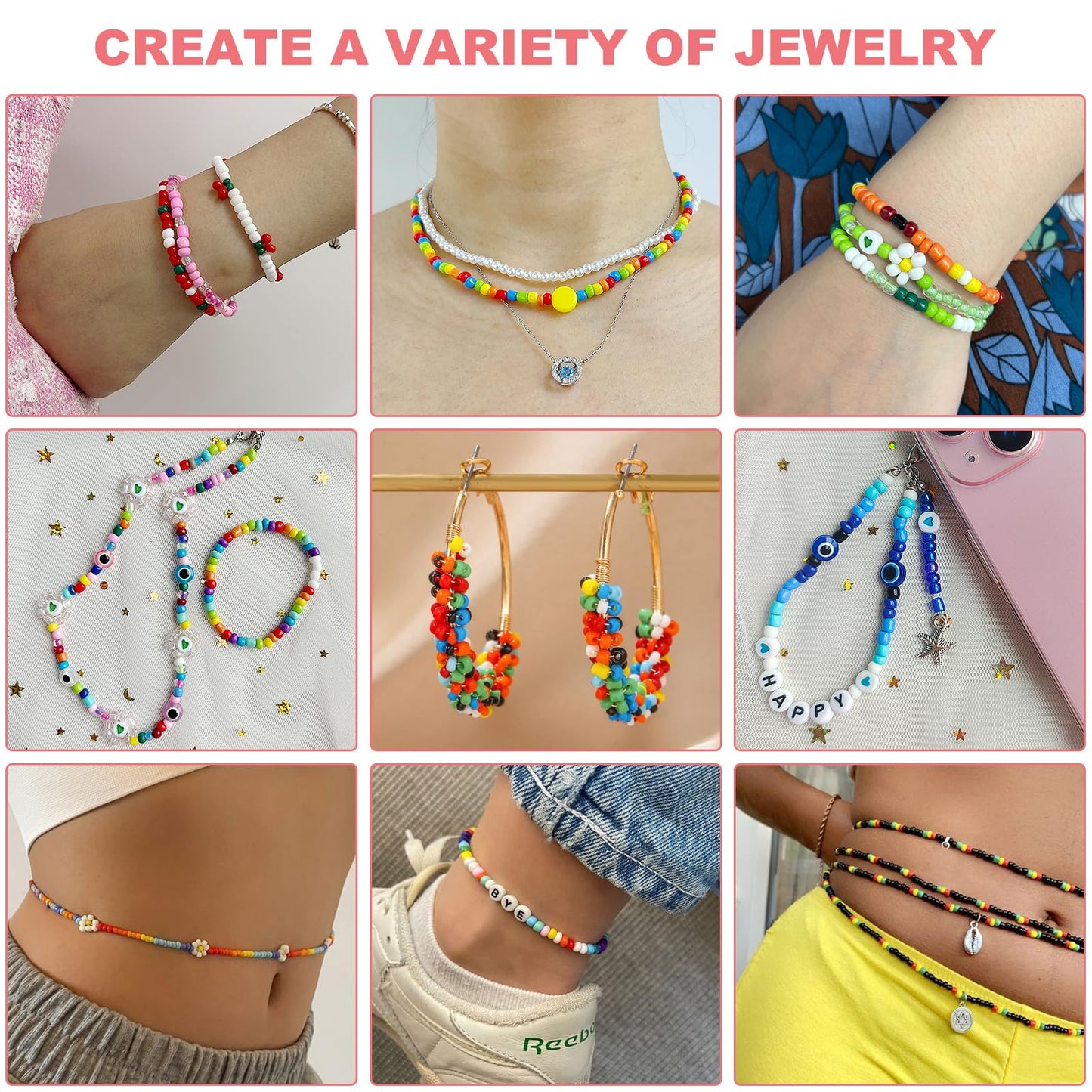 4mm Glass Seed Beads for Jewelry Bracelet Making Kit, Small Beads Friendship Bracelet Kit, Tiny Waist Beads with Letter Beads and Elastic String, DIY Art Craft Girls Gifts.