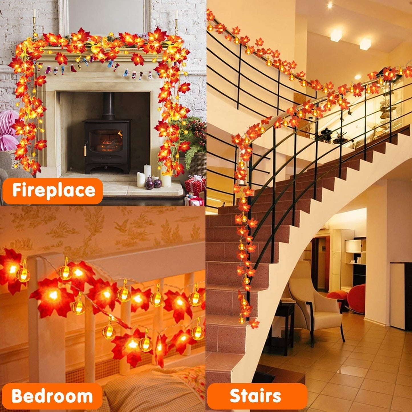 2 Pack Fall Garland with Pumpkin Lights Fall Decorations for Home 60 LED 20 Ft Enlarged Maples Leaves Fall Lights Battery Operated Thanksgiving Halloween Pumpkin Decorations Home Indoor Outdoor Party