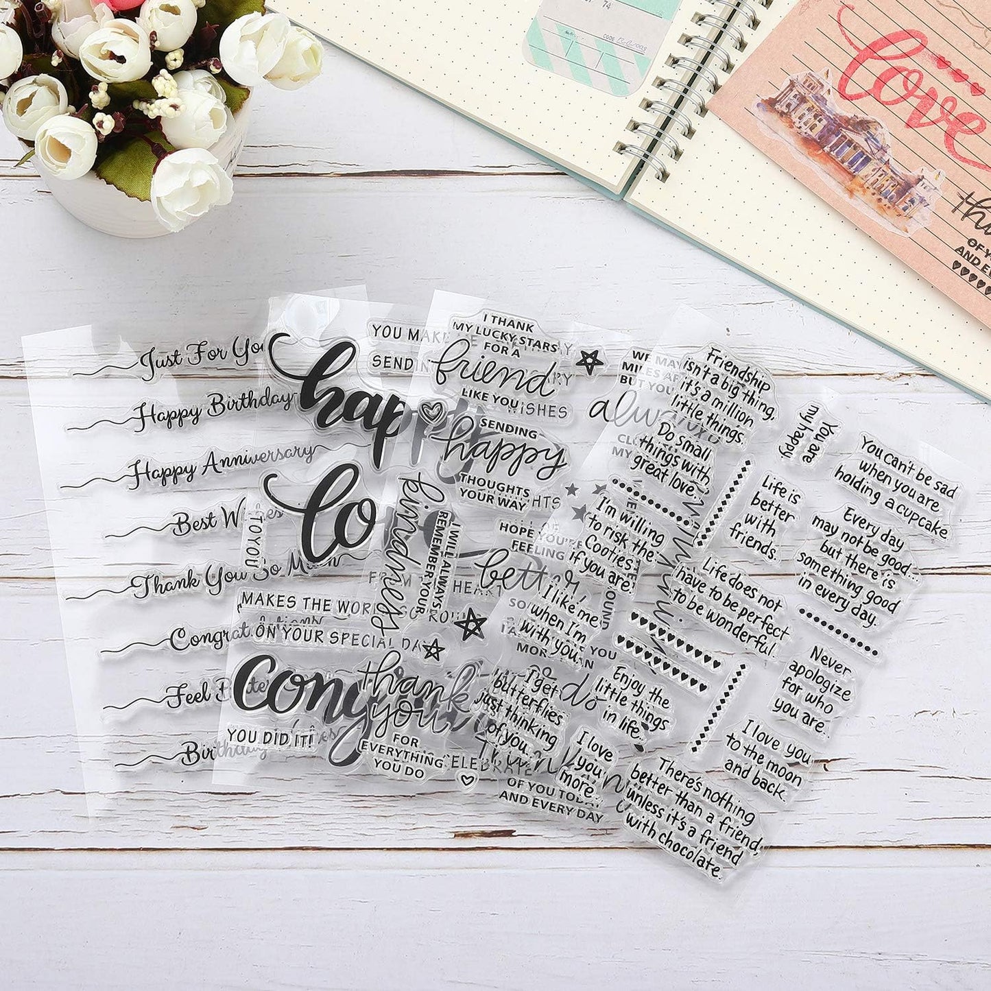 4 Sheets Words Clear Stamps for Card Making Silicone Stamp with Greeting Words Pattern for Easter Birthday Holiday Card and DIY Scrapbooking Journal(Classic)