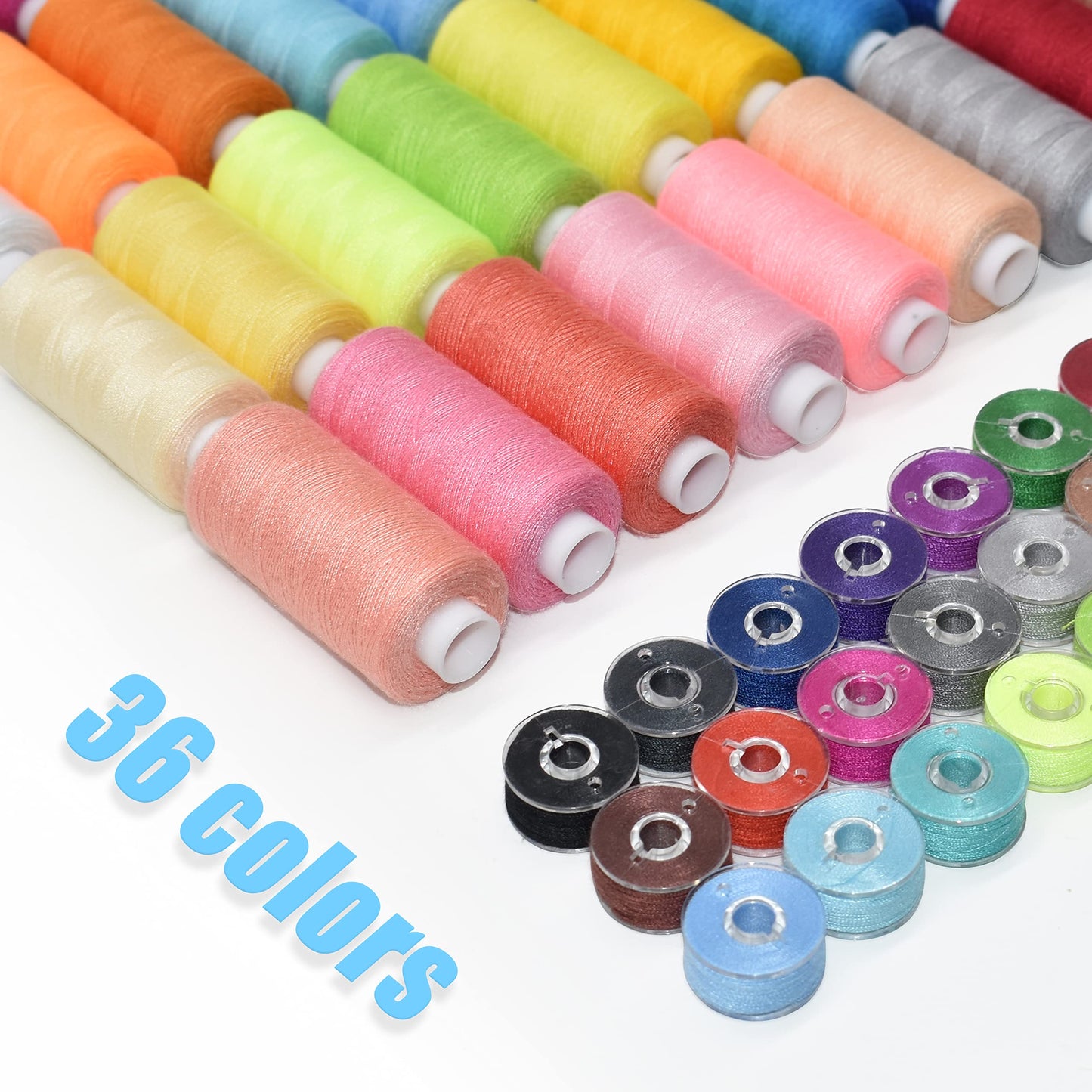 72Pcs 36 Colors Sewing Thread Set with Matching Prewound Bobbin Threads and Case, 550 Yards per Polyester Thread, Popular Colors for Hand & Machine Sewing