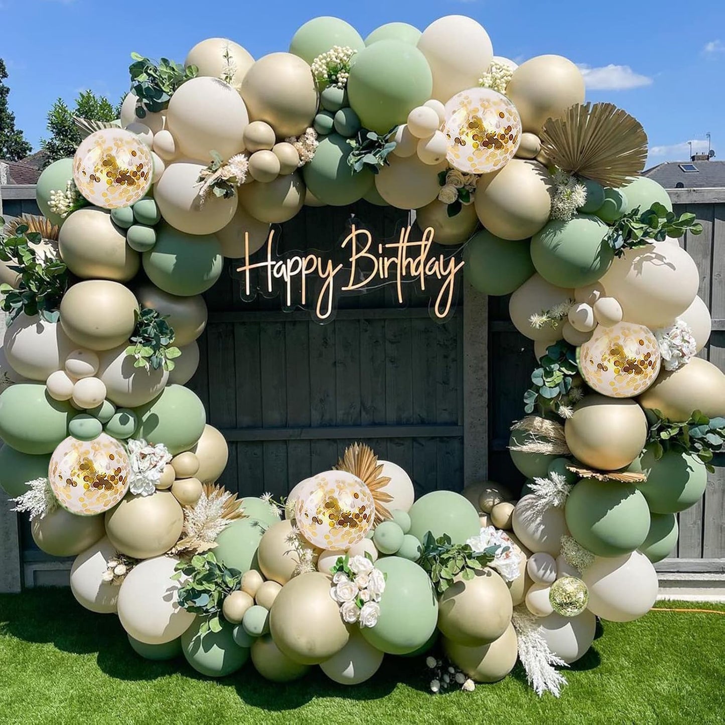 Sage Green Balloons Arch Kit, Green And Gold Balloons White Sand Olive Confetti Balloons Arch for Birthday Baby Shower Bridal Shower Engagement Baptism Wild One Party Decorations