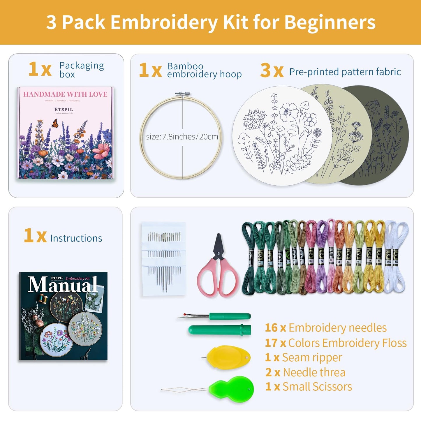 3 Pack Beginner Embroidery Kits for Adults, DIY Starter Set with Stamped Flower Designs, Embroidery Hoop, Colorful Threads, Tools, Step-by-Step Instructions & Video Tutorial