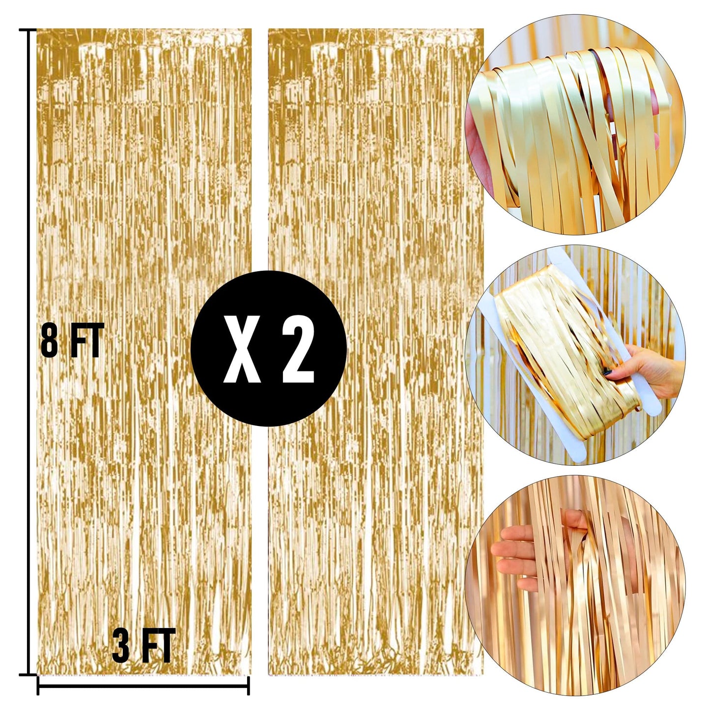 2 Pack Backdrop Curtain, 3FT x 8FT Metallic Tinsel Foil Fringe Curtains Photo Booth Background for Baby Shower Party Birthday Wedding Engagement Bridal Shower (Champagne Gold)