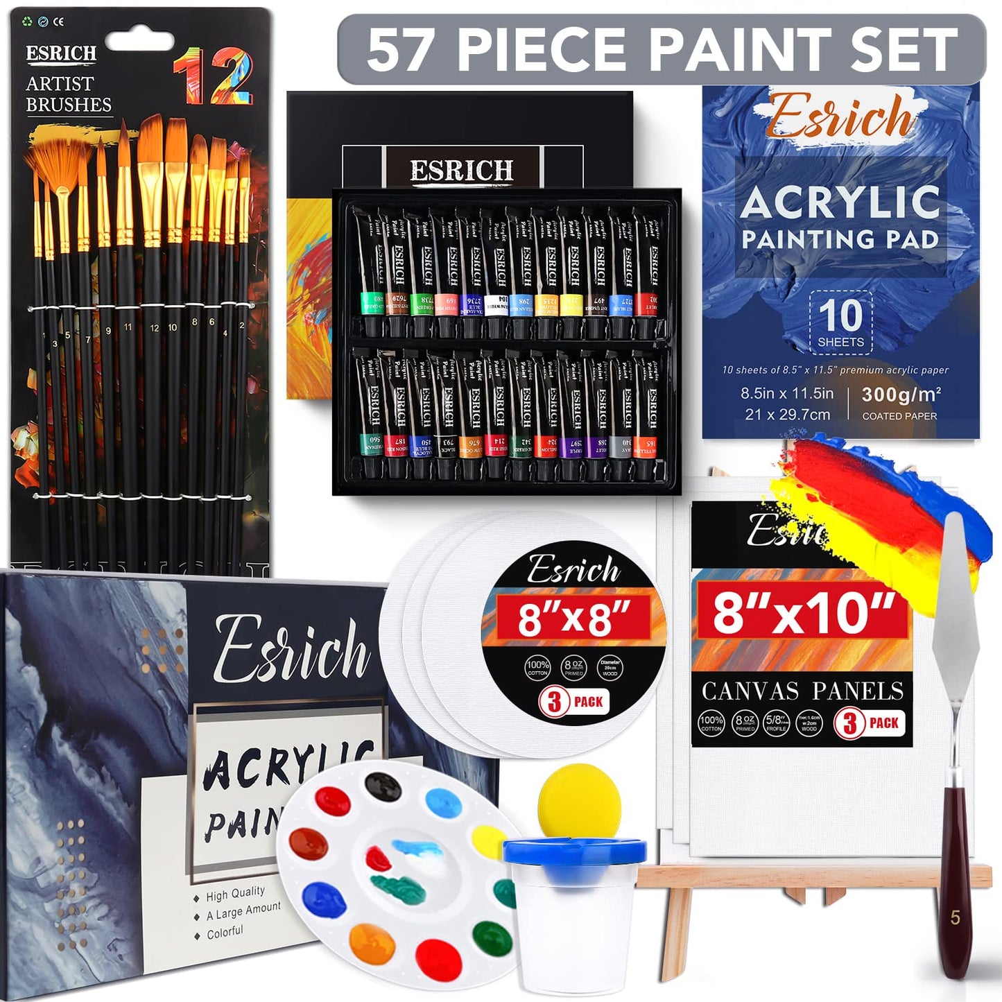 Acrylic Paint Set,57 PCS Professional Painting Supplies with Paint Brushes, Acrylic Paint, Easel, Canvases, Painting Pads,Palette, Paint Knife, Brush Cup and Art Sponge for Hobbyists and Beginners
