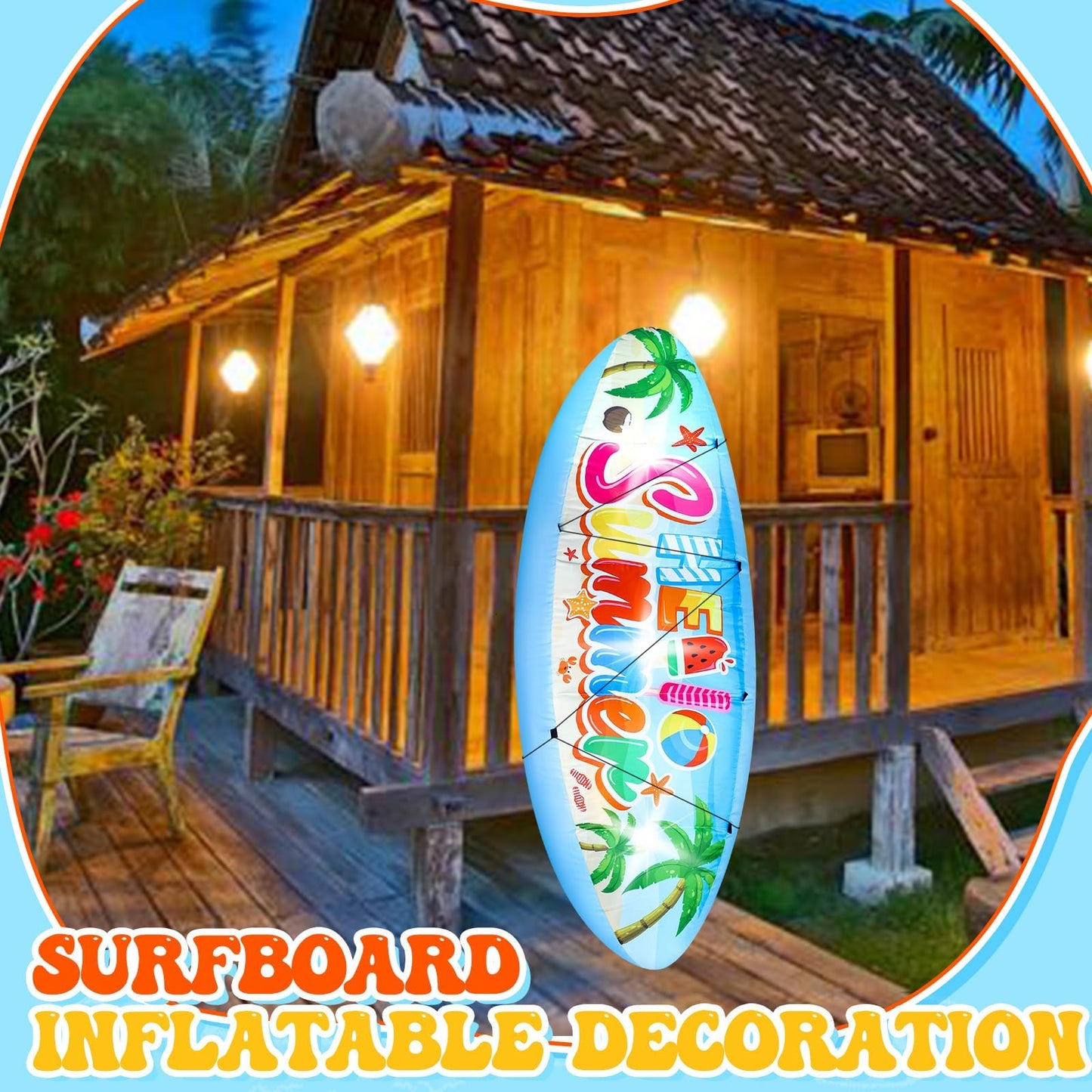 5 FT Hello Summer Surfboard Inflatable, Outdoor Blow Up Yard Decoration with Built-in 3 LED Lights, Summer Luau Party Decorations for Pool Holiday Garden Lawn Patio Tropical Beach