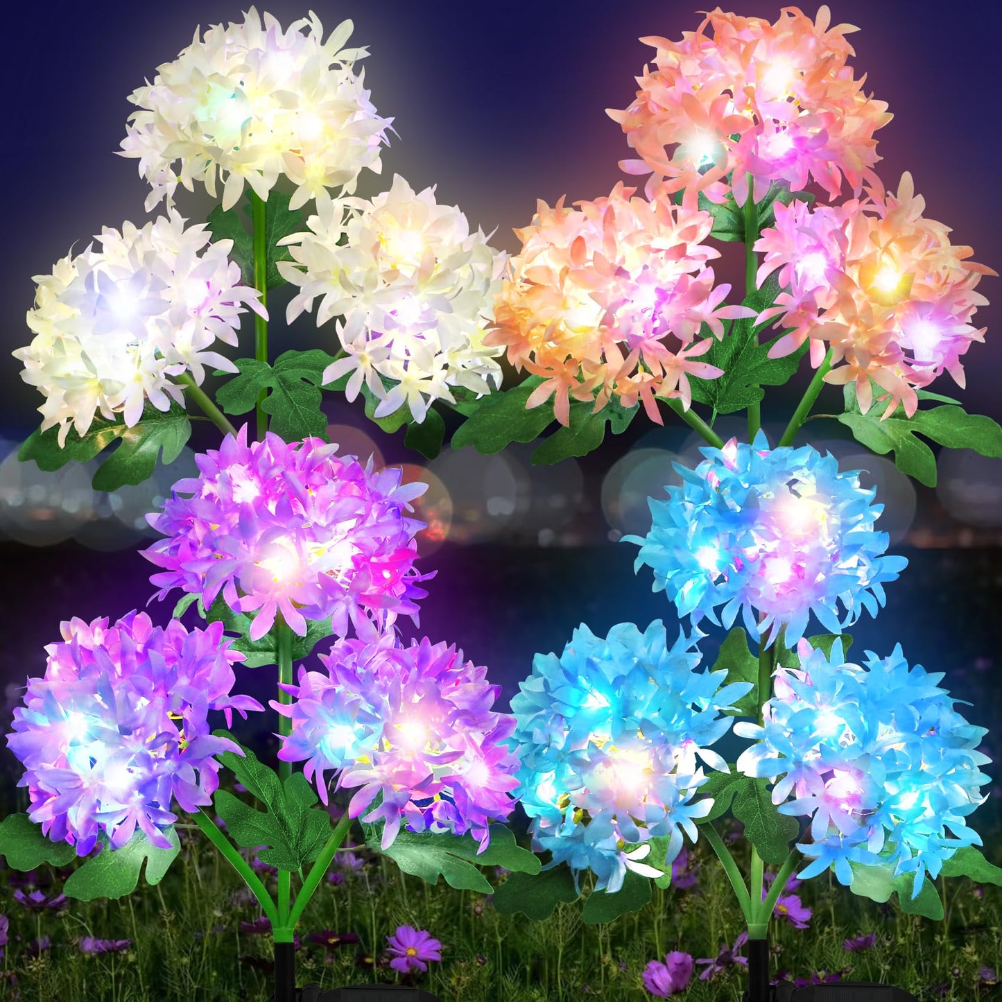 Decor 4 Pack Solar Lights, Solar Flowers Lights with 12 Enlarged Blooming Hydrangea Flowers Waterproof for Garden Yard Patio Lawn Backyard Pathway Gardening Gifts for Women Mom