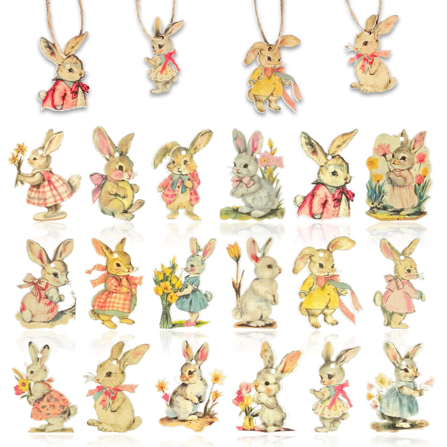 Vintage Easter Decoration Wooden Hanging Ornaments - 36Pcs Vintage Style Rabbits Bunny Wood Cutouts Rustic Farmhouse Spring Tree Decor Home Easter Party Supplies