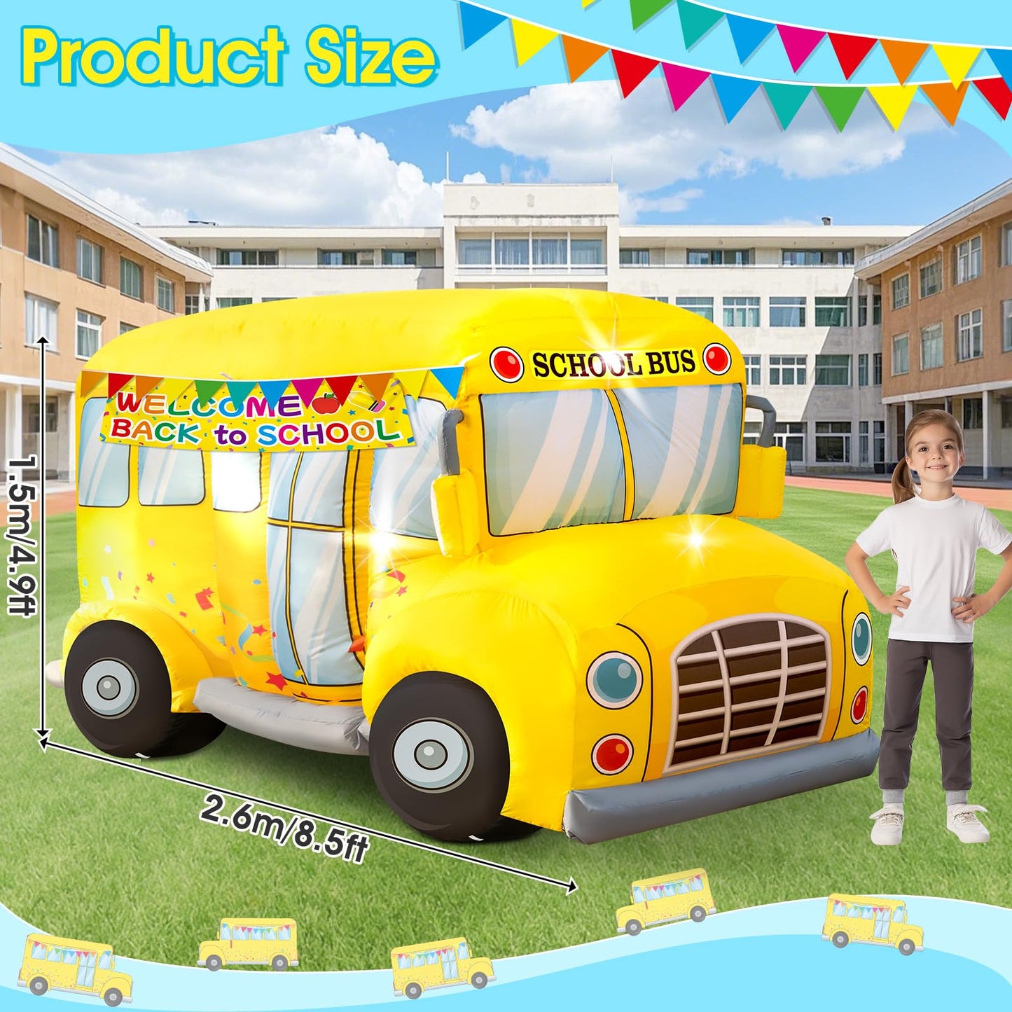 7.5 FT School Bus Inflatables Decorations Welcome Back to School Outdoor Decoration with 3 LED Lights and Banner First Day of School Party Lawn Yard Signs Decor for Kindergarten Preschool