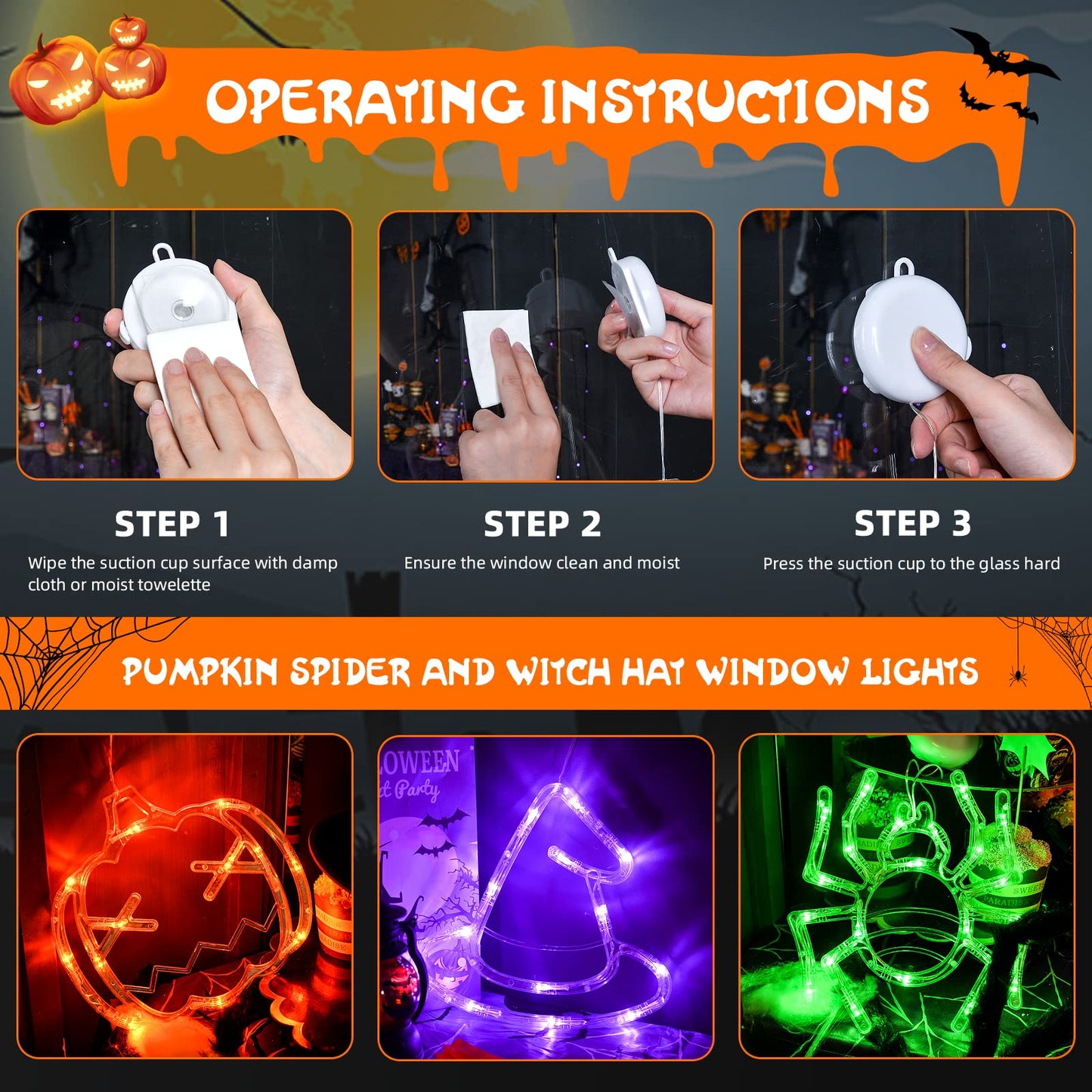 Halloween Decorations 3 Pack - Orange Pumpkin, Green Spider, Purple Witch Hat Window Lights With Suction Cup - Battery Operated, Upgrade Slow Fade Mode, Timer Function