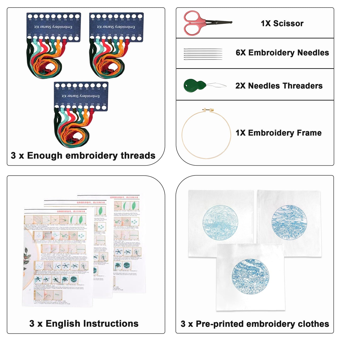 3 Sets Embroidery kit for Beginners Adults,Embroidery Kit Punch Needle Kit Cross Stitch Kits with Embroidery Hoop and Instructions,Hand Embroidery Starter Kit (Garden Scenery)