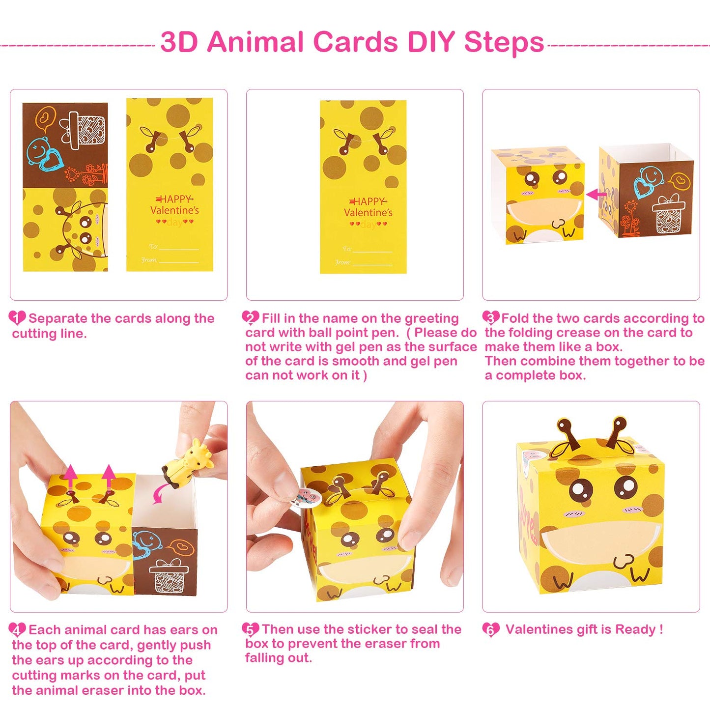 Valentines Day Cards for Kids 28 Pack 3D Animal Box with Puzzle Erasers - Perfect DIY Valentines Cards for Classroom School Games & Valentine Party Favors for Kids