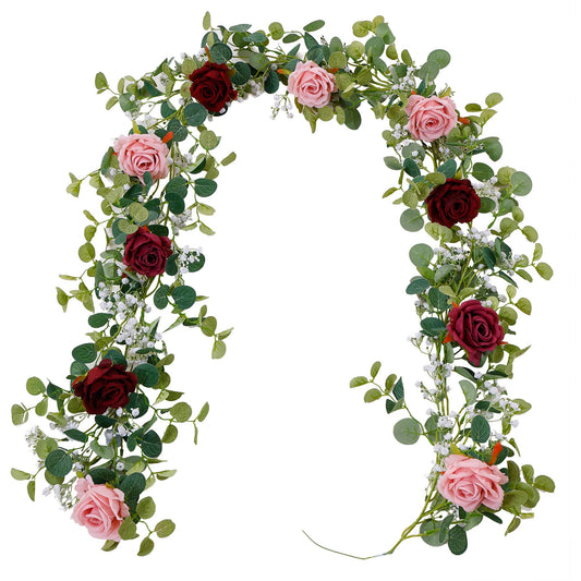 5.91FT Artificial Eucalyptus Garland with Roses and Gypsophila, Faux Floral Garland Greenery for Wedding Spring Party Art Table Runner Decor (Dusty Pink, 1)